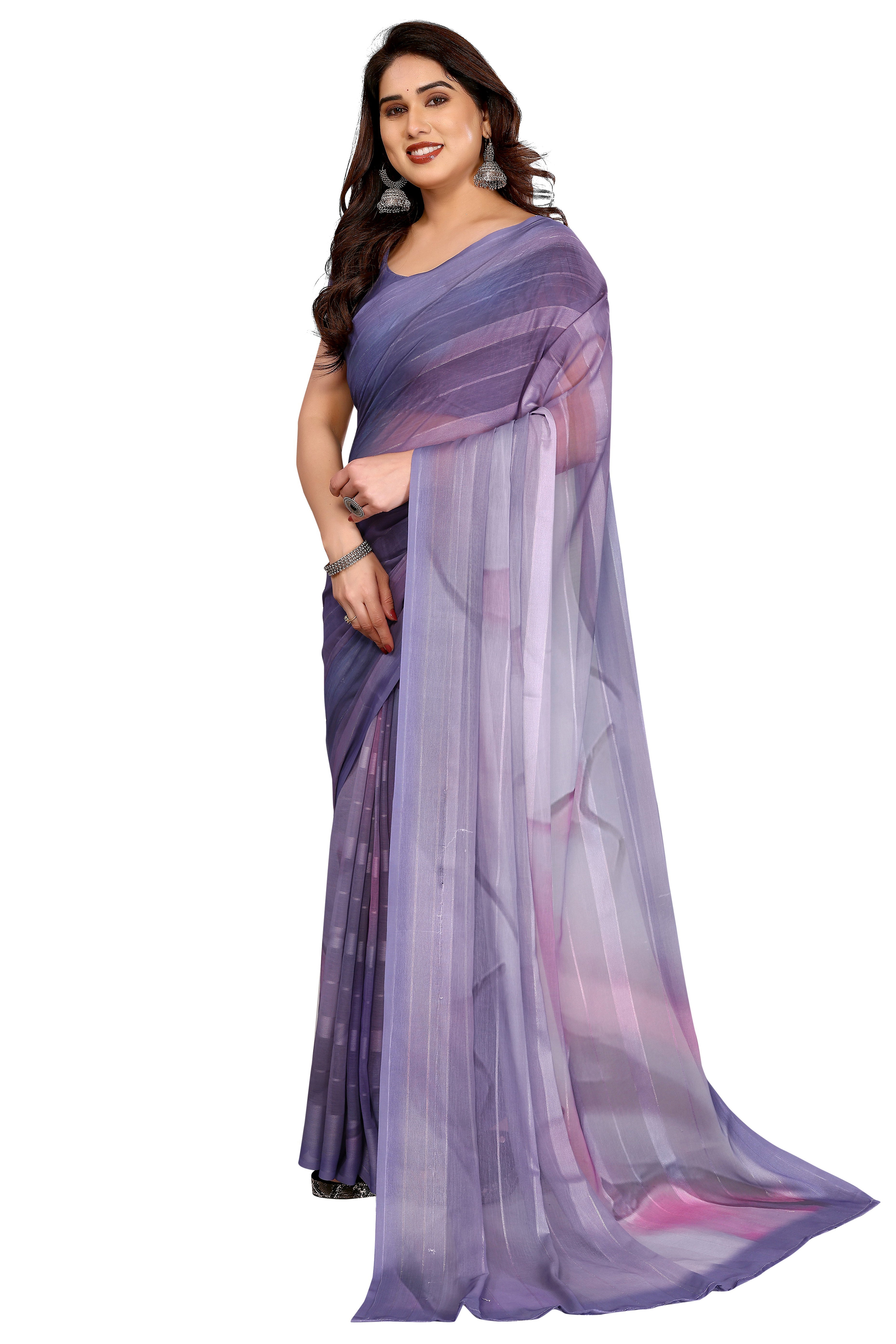 Classic Purple Digital Print Georgette Saree With Refined Zari & Stylish Striped