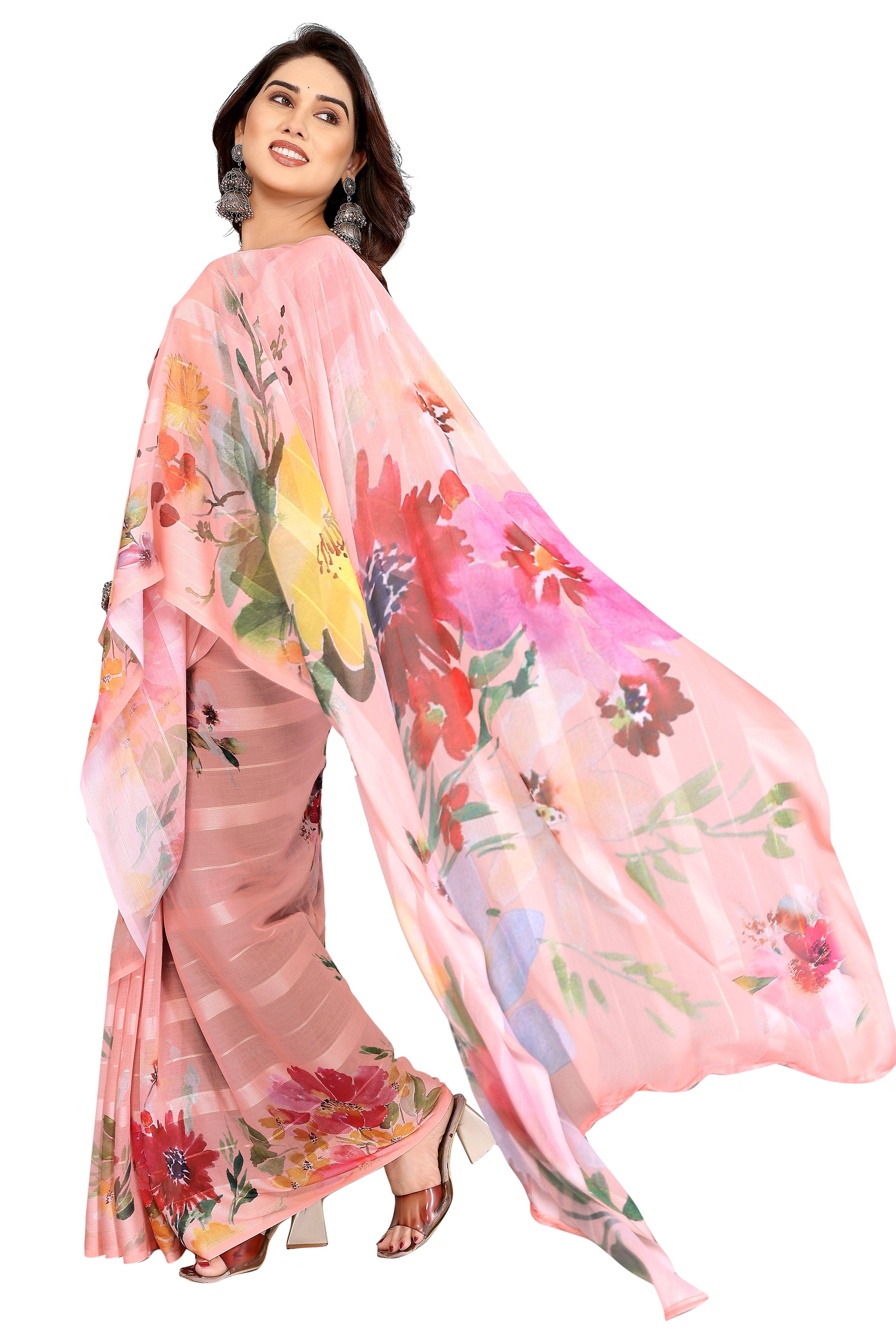 Premium Peach Floral Digital Printed Georgette Saree Featuring Delicate Zari & Bright Striped