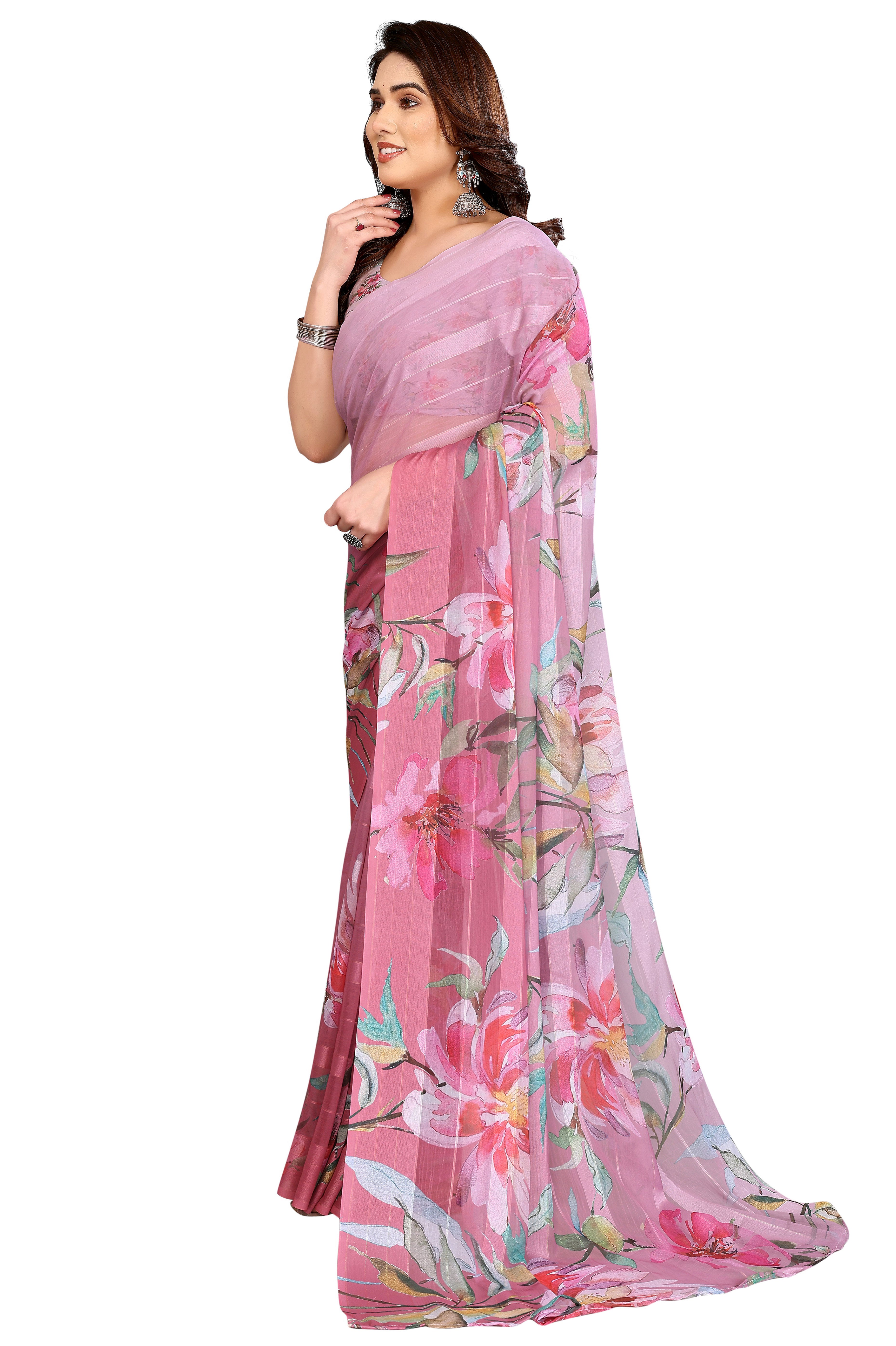 Premium Pink Floral Digital Printed Georgette Saree Featuring Delicate Zari & Bright Striped