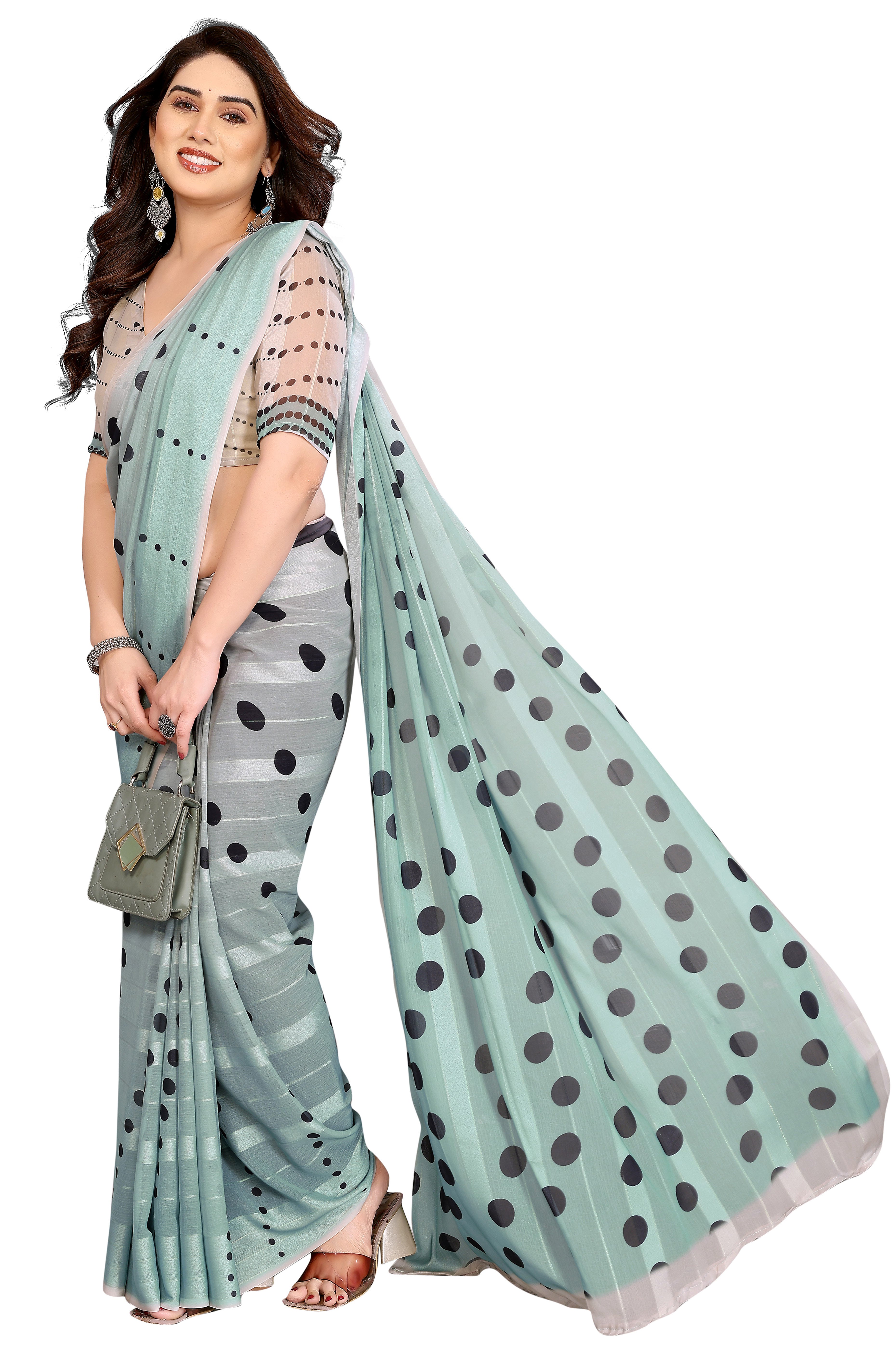 Premium Mint Green Polka Digital Printed Georgette Saree Featuring Delicate Zari & Bright Striped