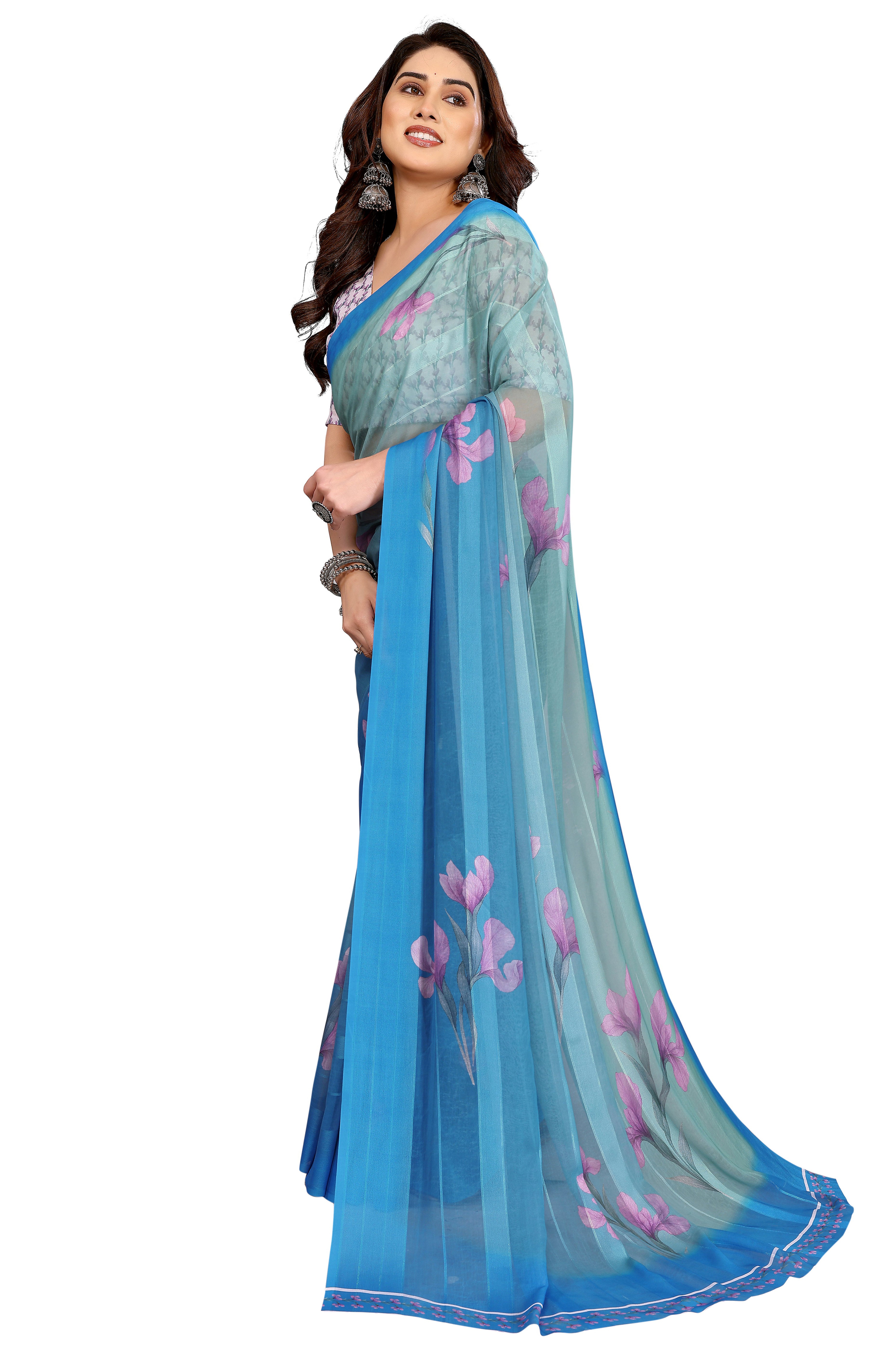 Luxury Blue Floral Digital Print Georgette Saree With Subtle Zari Highlights & Vibrant Striped