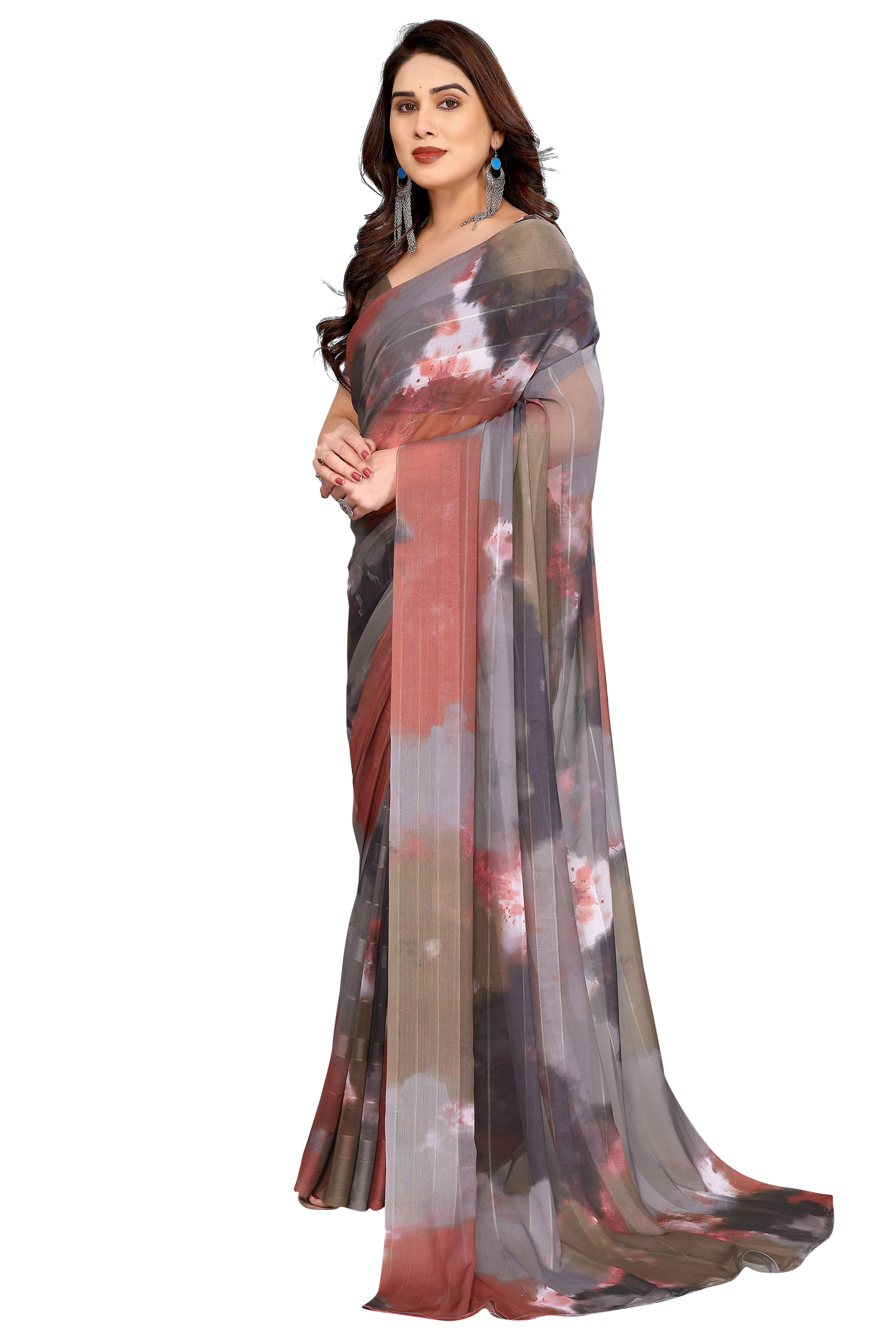 Luxury Multicolor Digital Print Georgette Saree With Subtle Zari Highlights & Vibrant Striped
