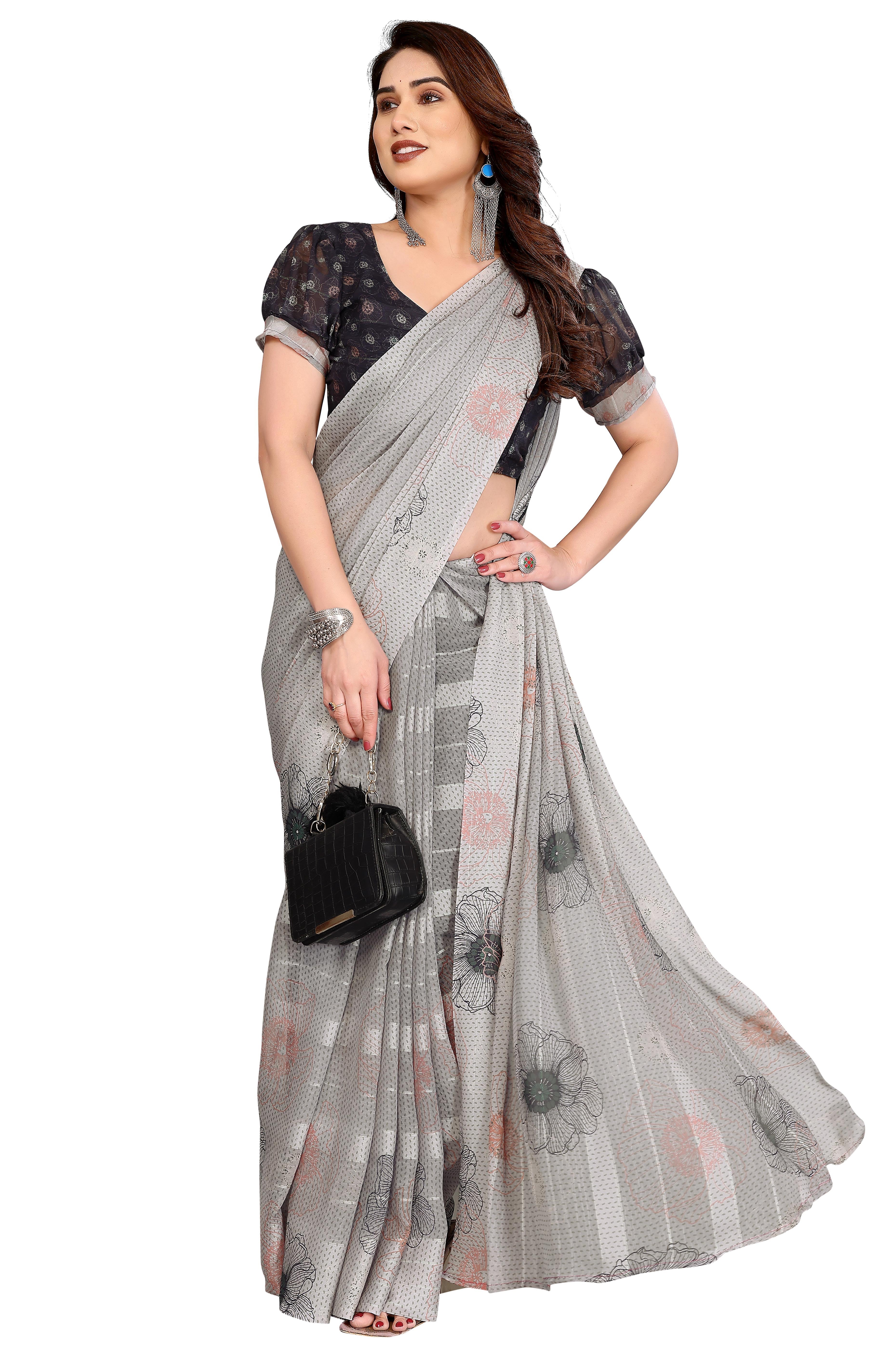 Luxury Grey Floral Digital Print Georgette Saree With Subtle Zari Highlights & Vibrant Striped