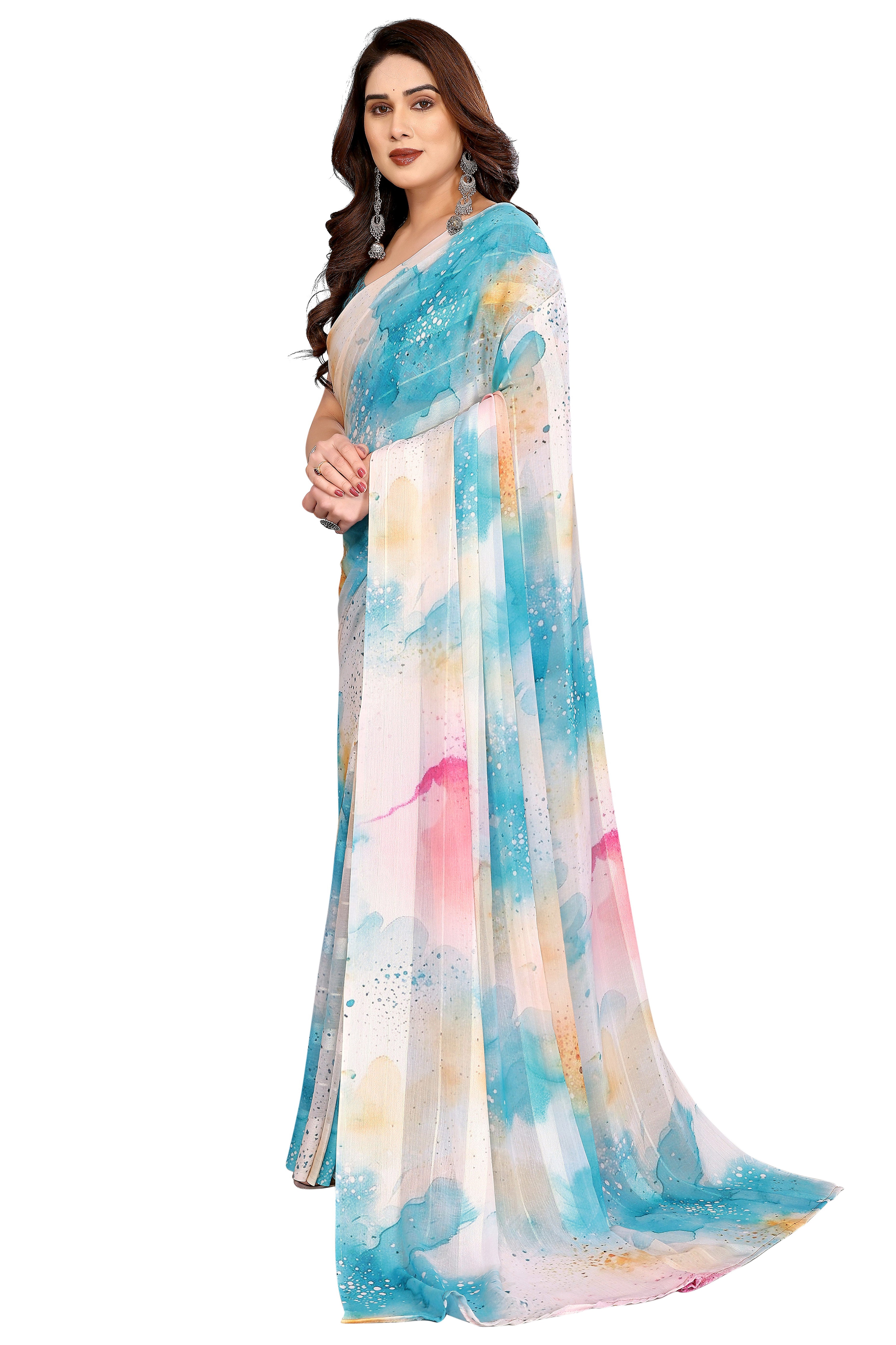 Luxury Multicolor Digital Print Georgette Saree With Subtle Zari Highlights & Vibrant Striped