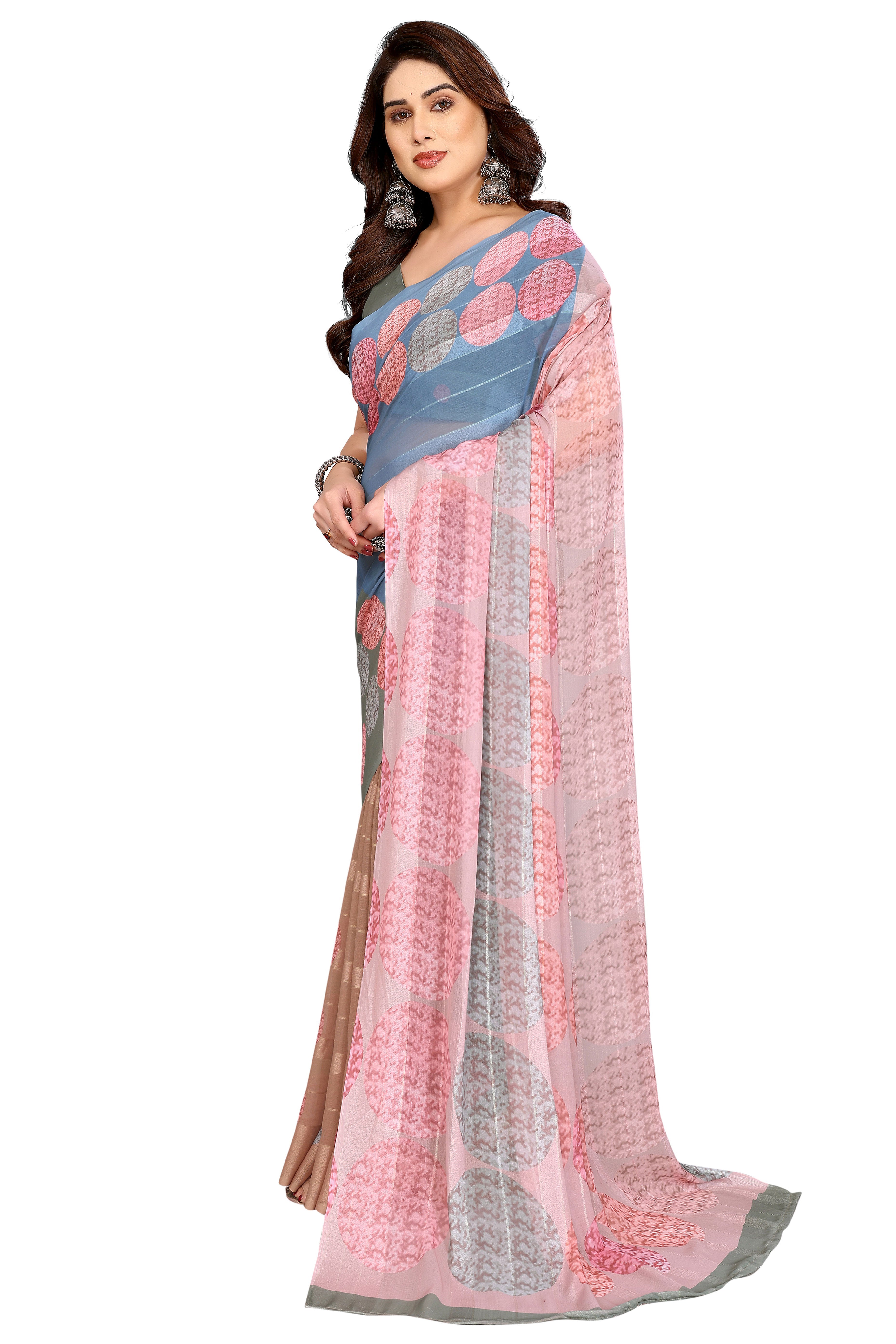 Luxury Multicolor Digital Print Georgette Saree With Subtle Zari Highlights & Vibrant Striped