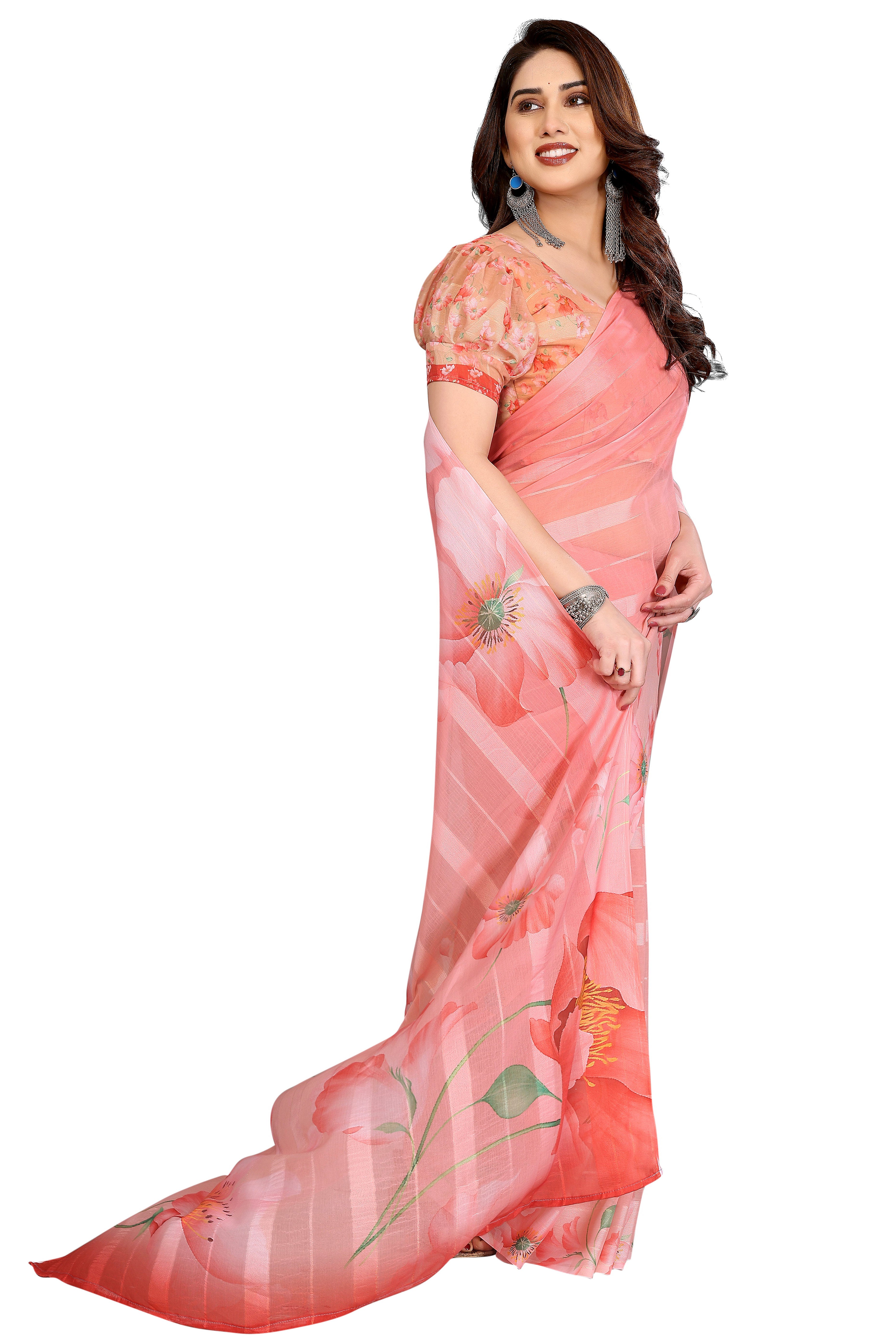 Luxury Peach Floral Digital Print Georgette Saree With Subtle Zari Highlights & Vibrant Striped