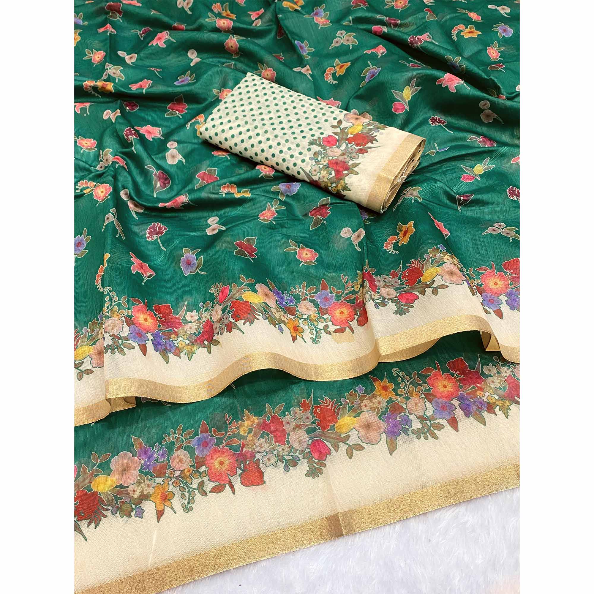 Green Floral Digital Print Chanderi Cotton Saree Enhanced With Charming Zari Weaving Border