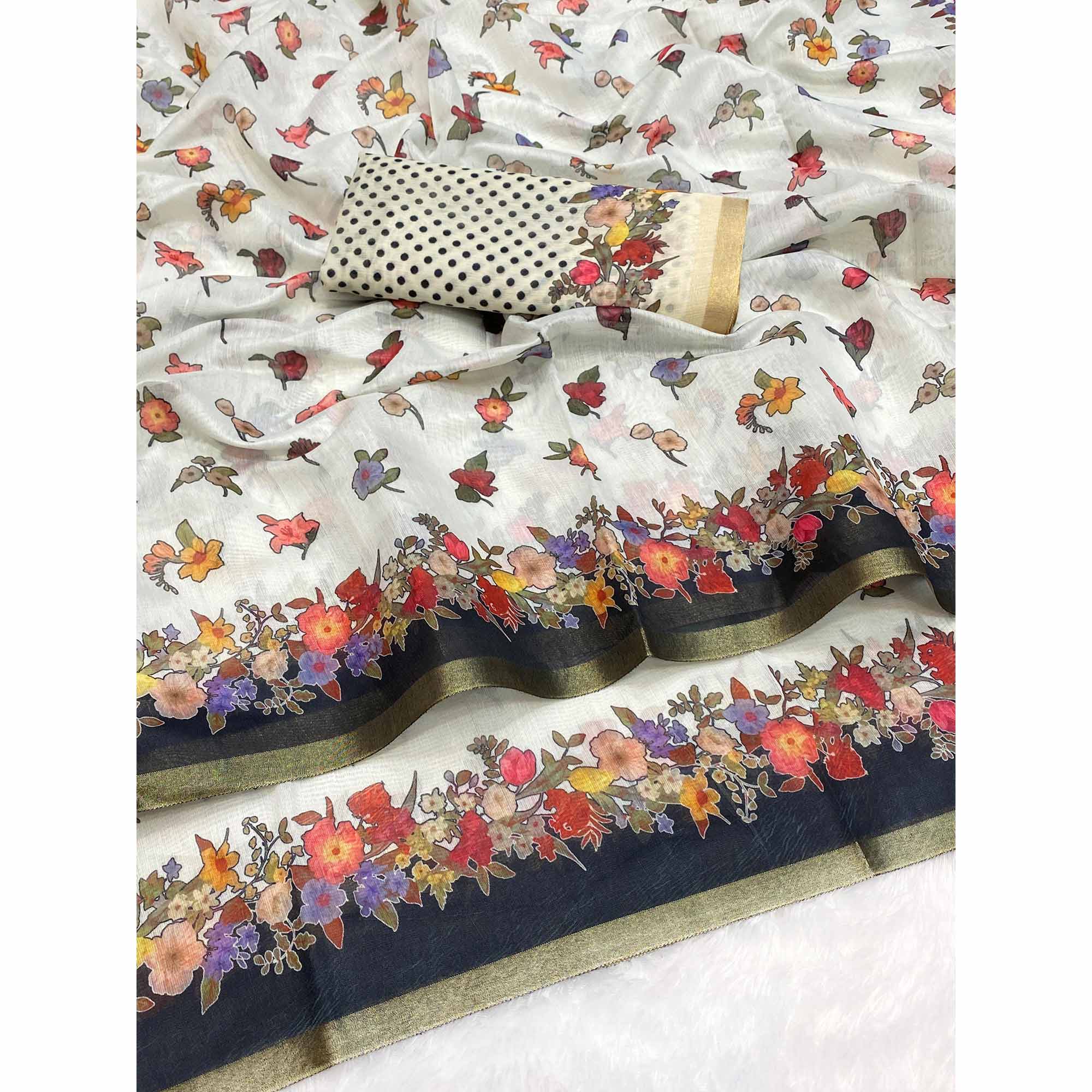 White Floral Digital Print Chanderi Cotton Saree Enhanced With Charming Zari Weaving Border