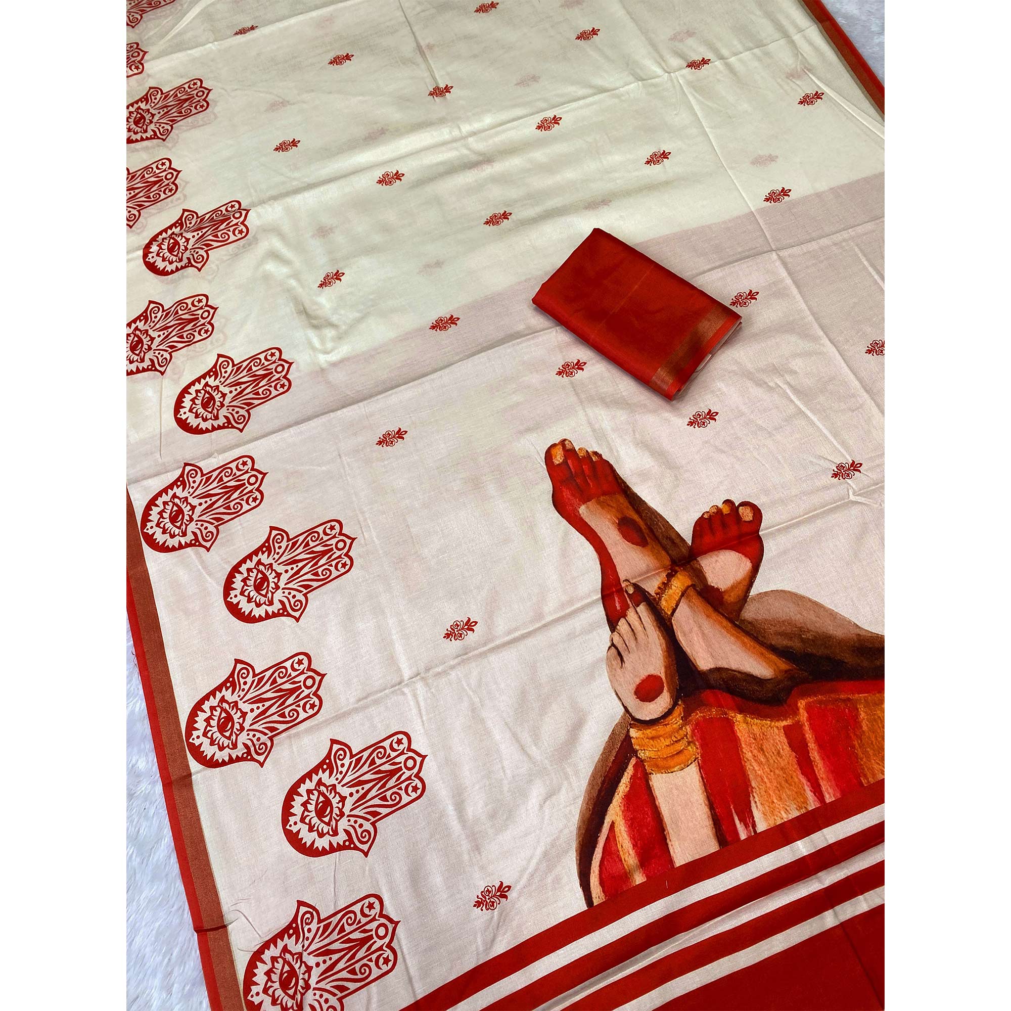 Graceful Offwhite & Red Durga Maa Digital Printed Saree With Sacred Motifs & Contrast Border