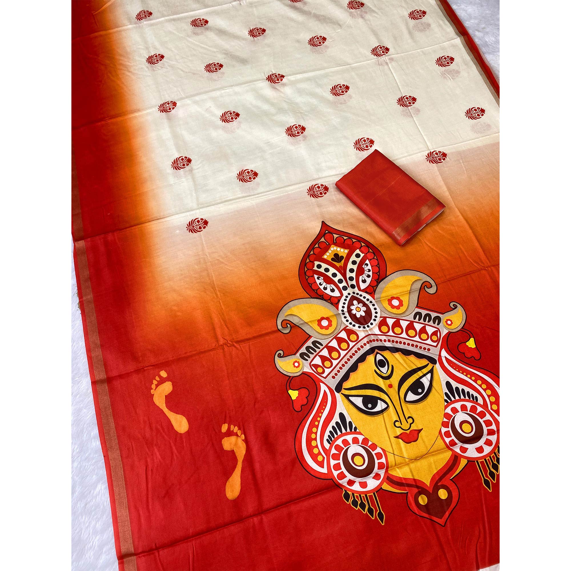 Majestic Offwhite & Red Durga Maa Digital Printed Saree With Sacred Motifs & Contrast Border