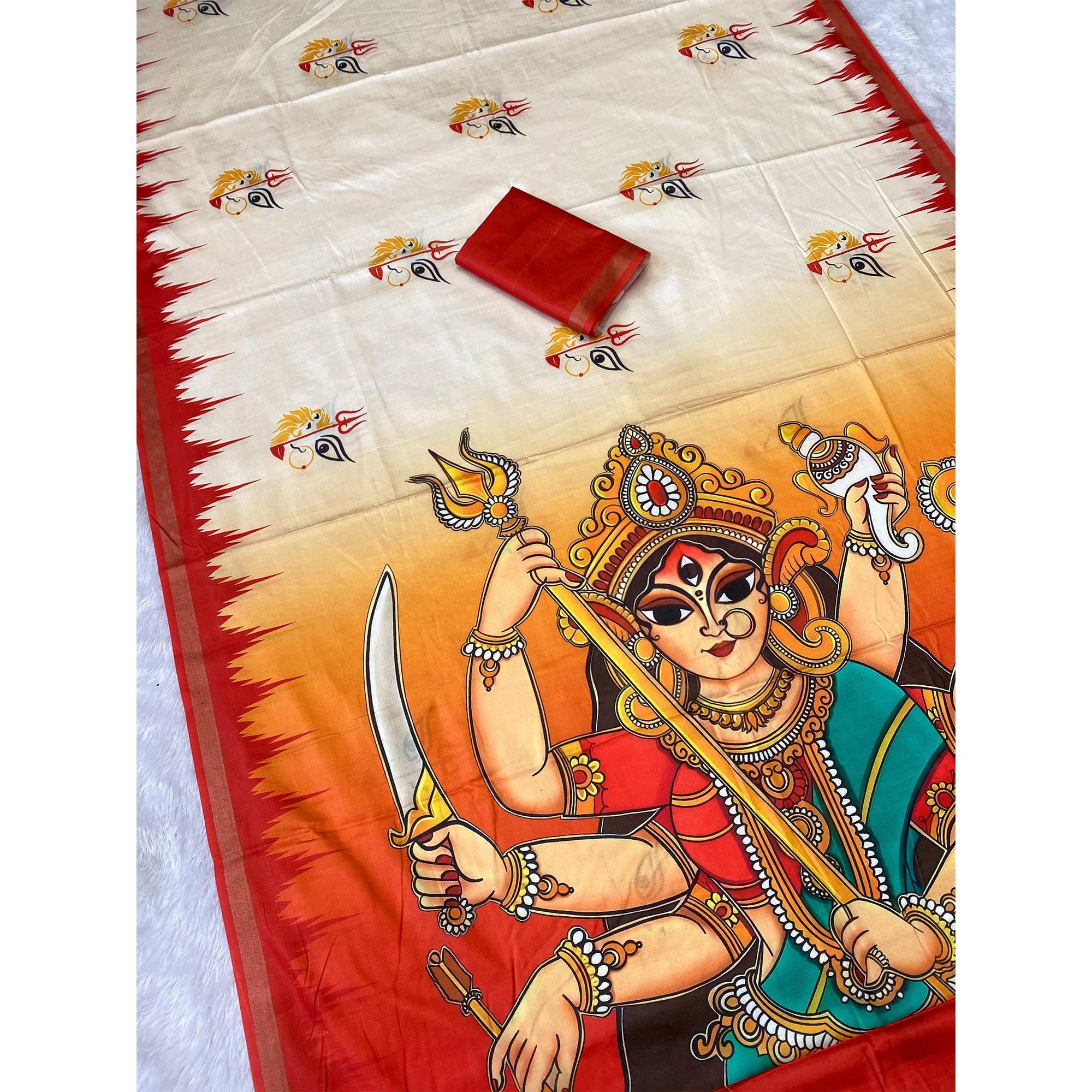 Exquisite Offwhite & Red Durga Maa Digital Printed Saree With Sacred Motifs & Contrast Border