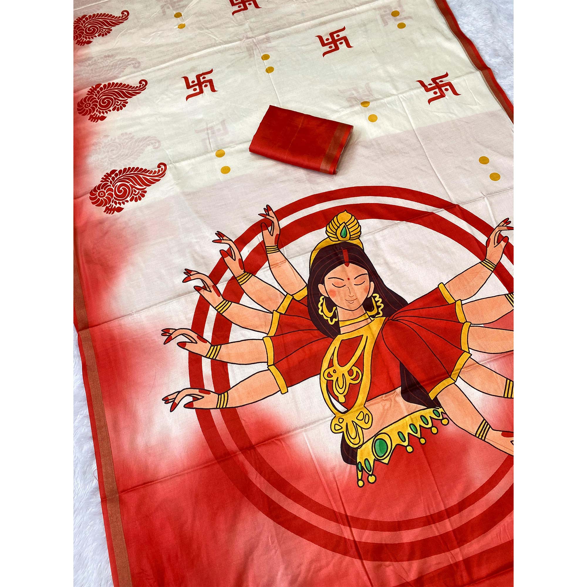 Stunning Offwhite & Red Durga Maa Digital Printed Saree With Sacred Motifs & Contrast Border
