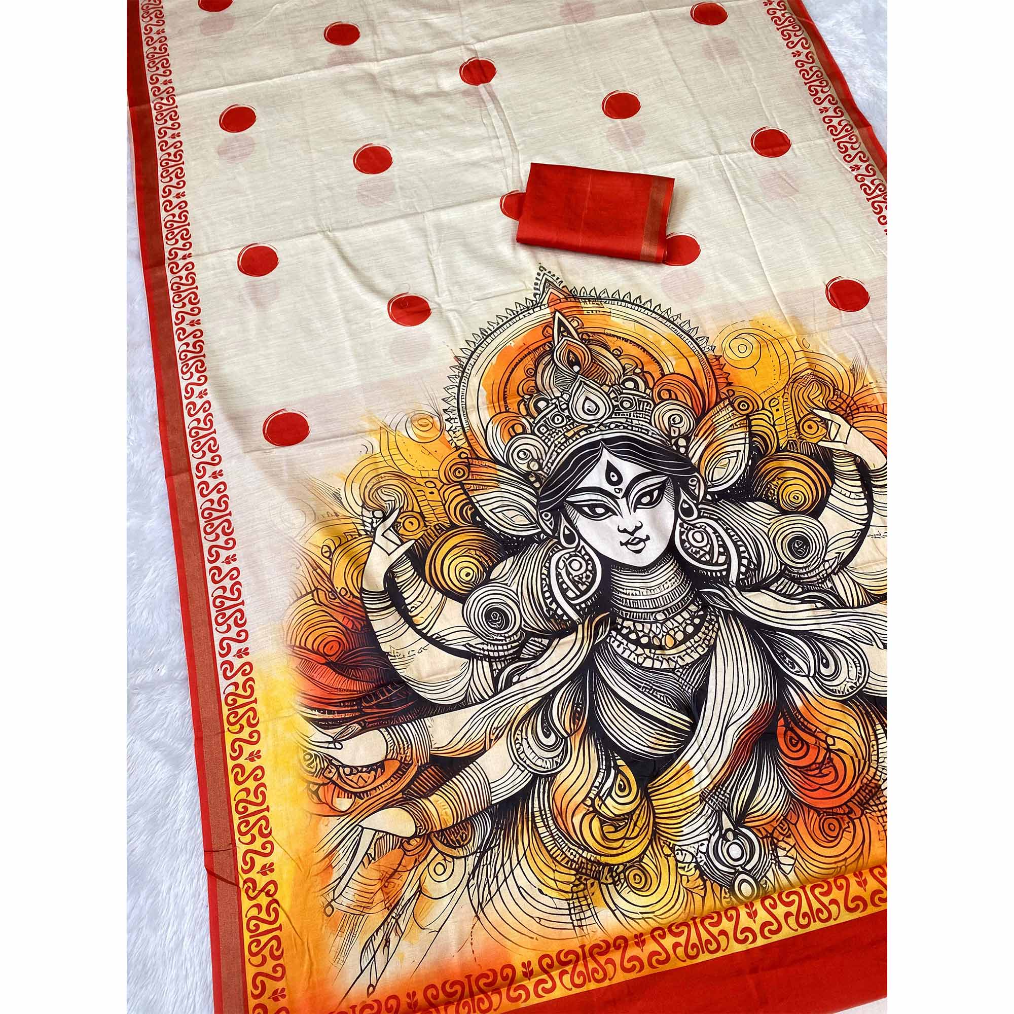 Classic Offwhite & Red Durga Maa Digital Printed Saree With Sacred Motifs & Contrast Border