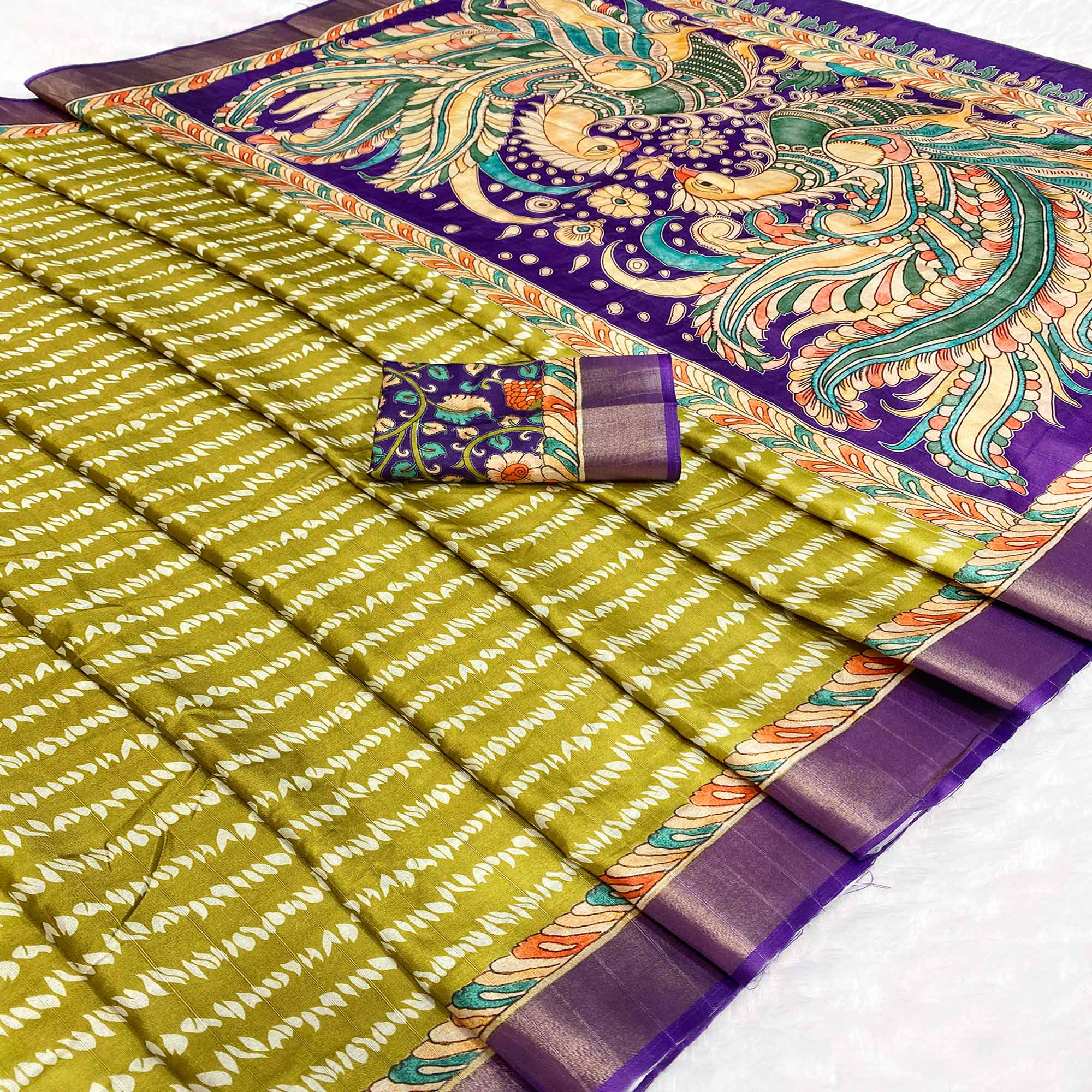 Mehendi Green Tusser Art Silk Saree Embellished With Peacock Print & Zari Border Work