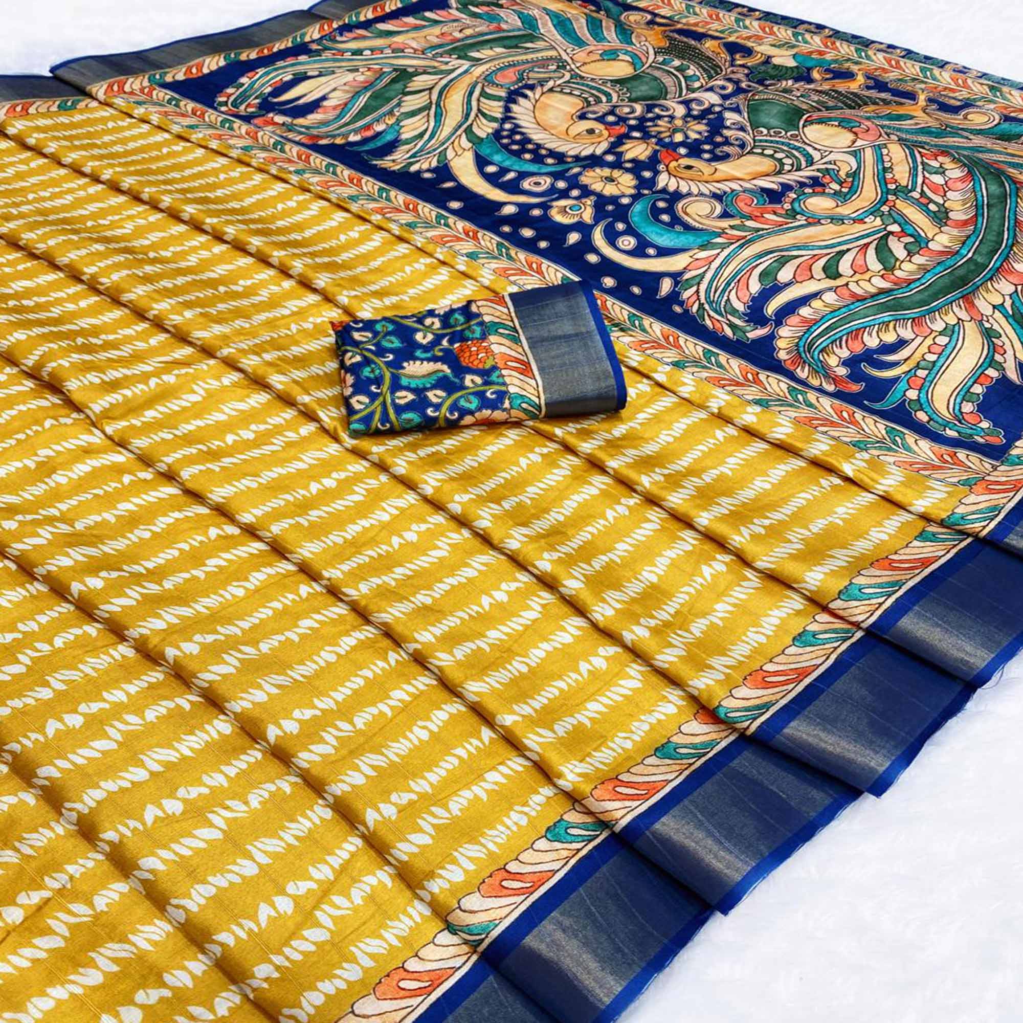 Mustard Tusser Art Silk Saree Embellished With Peacock Print & Zari Border Work