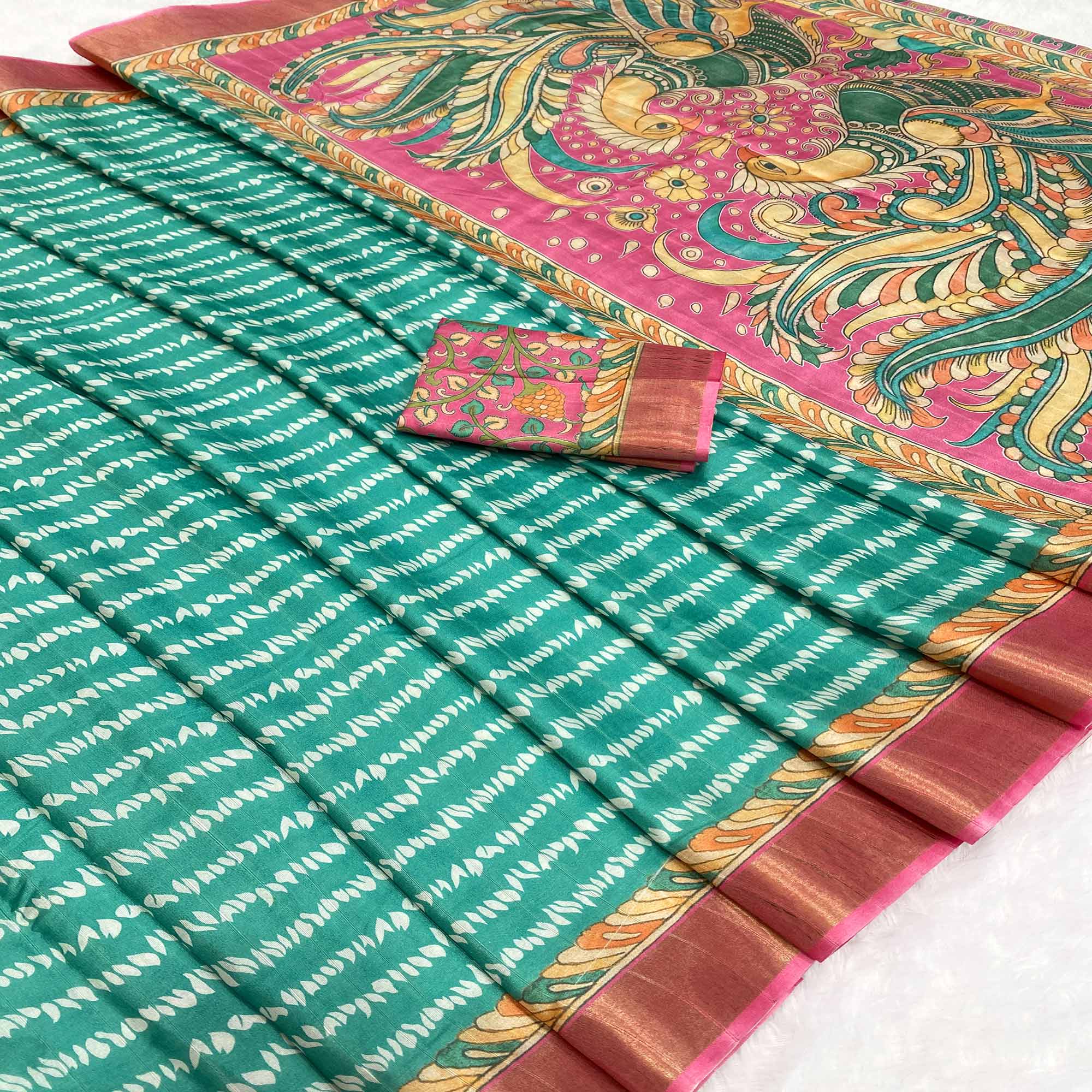 Turquoise Tusser Art Silk Saree Embellished With Peacock Print & Zari Border Work