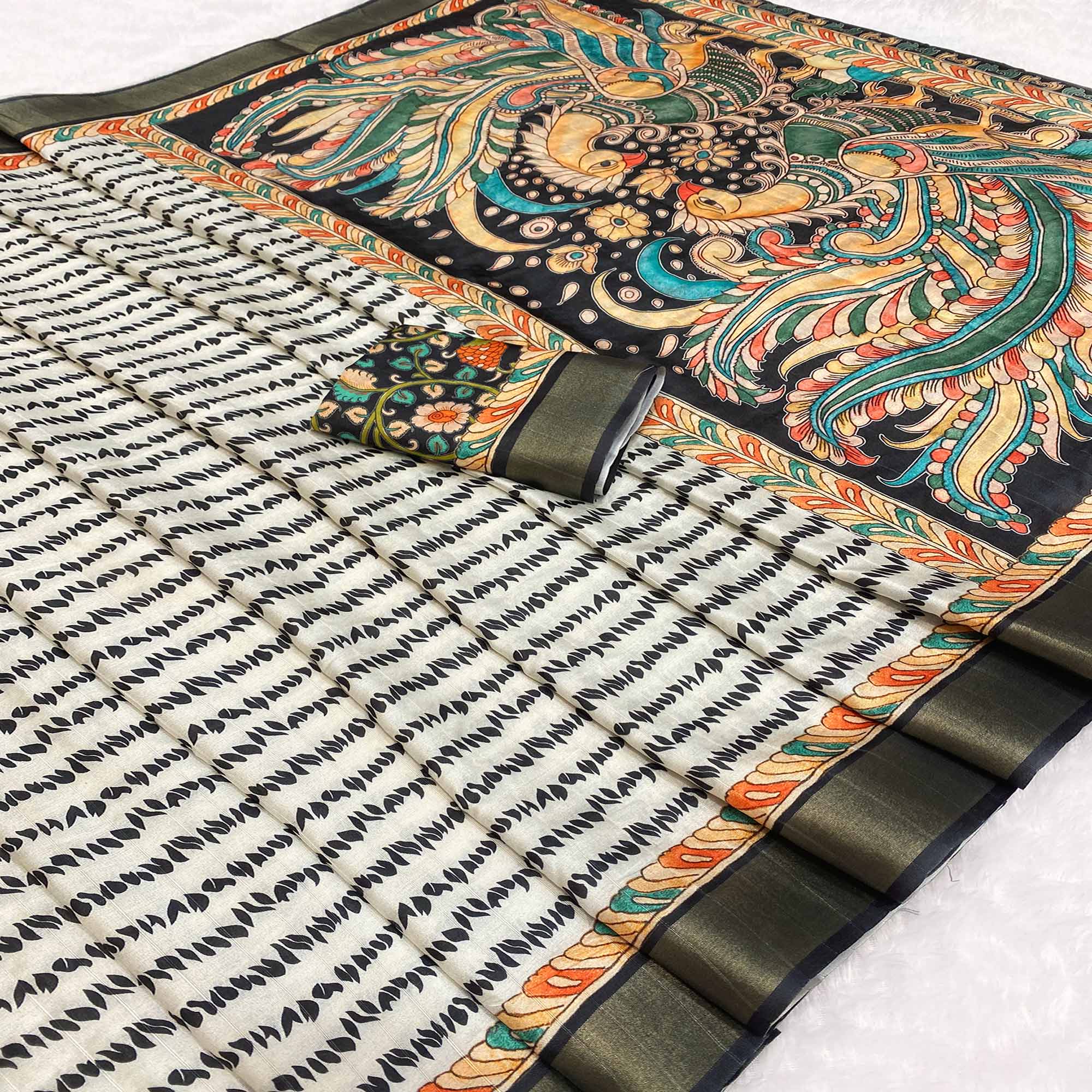 White Tusser Art Silk Saree Embellished With Peacock Print & Zari Border Work