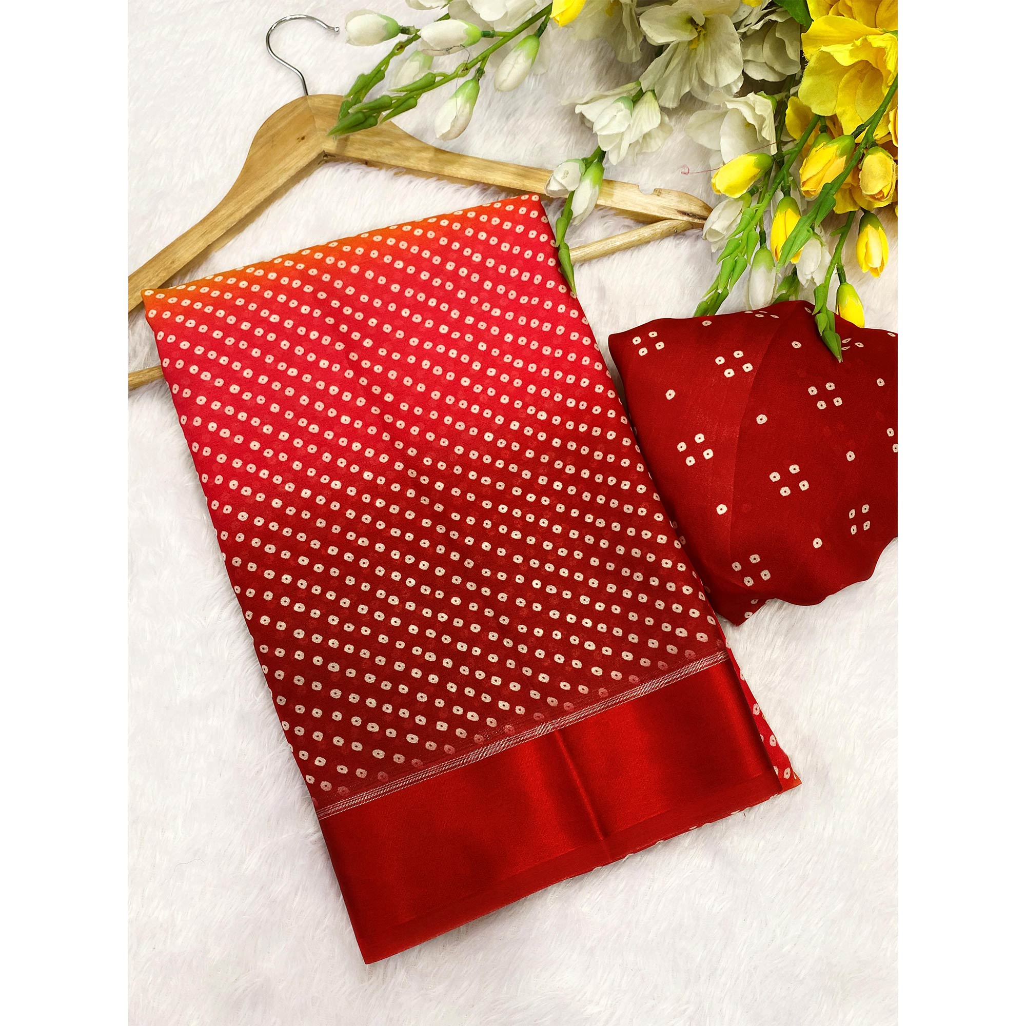 Designer Bandhani Saree in Red Crafted from Soft Moss Georgette