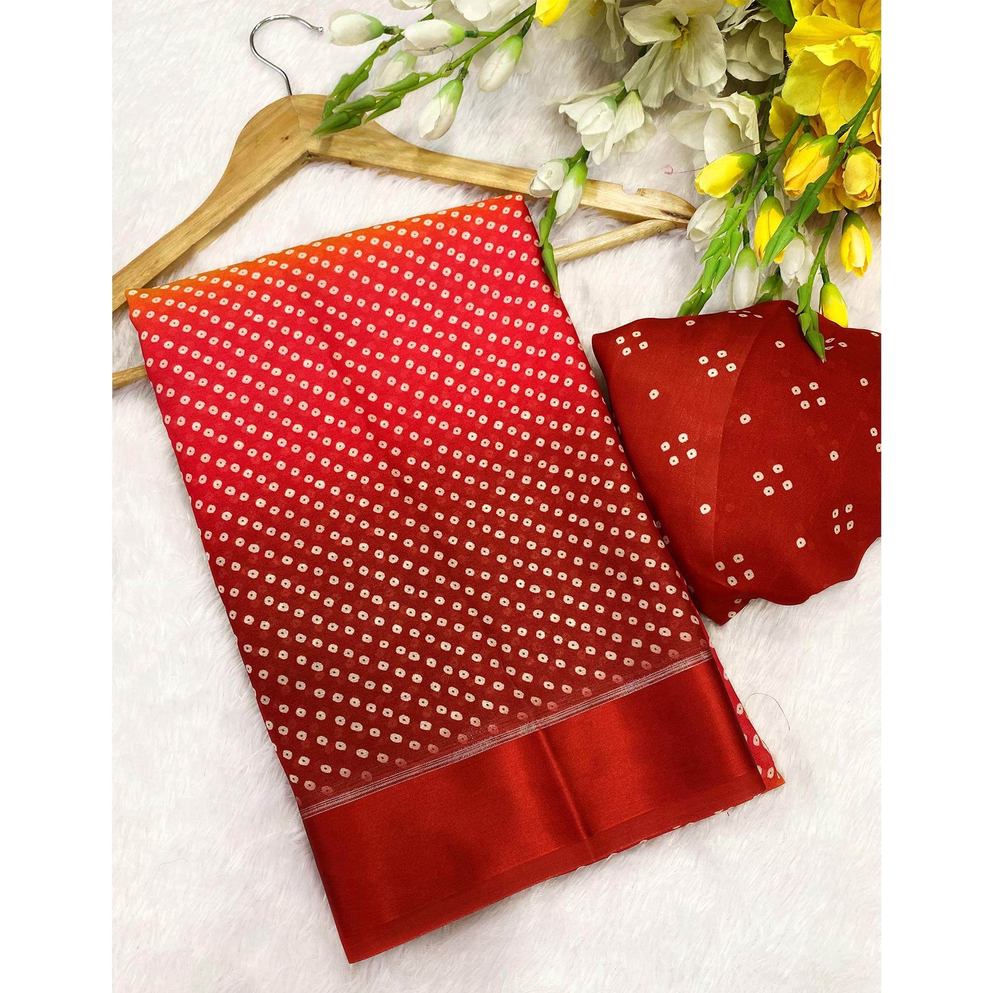 Traditional Bandhani Moss Georgette Saree in Dual Tone Yellow & Red