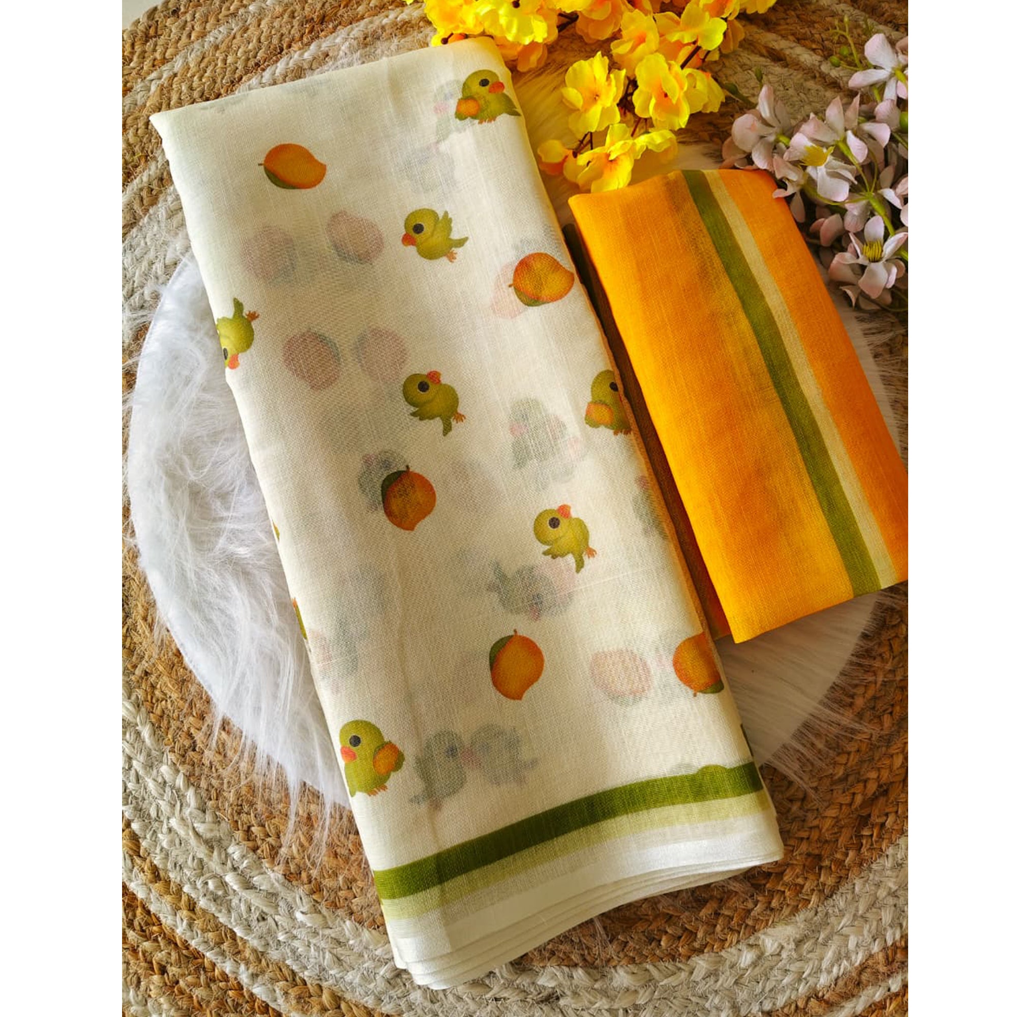 Minimalist Off White Linen Cotton Saree with Elegant Printed Patterns