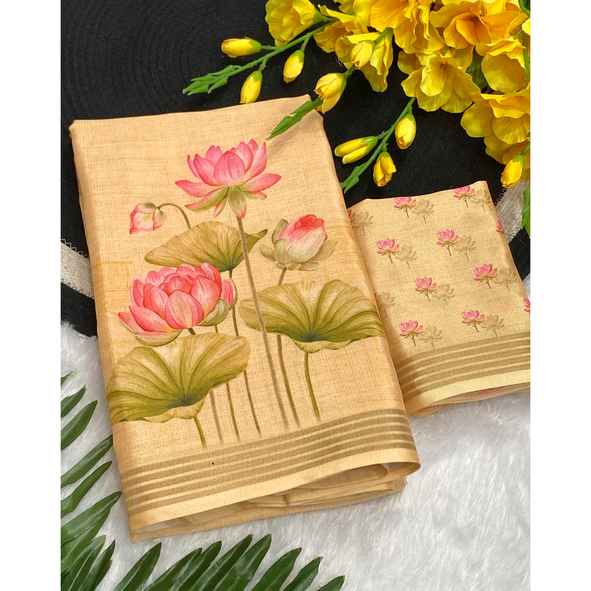 Mellow Yellow Cotton Blend Tusser Saree Adorned With Radha Krishna & Floral Print With Zari Border