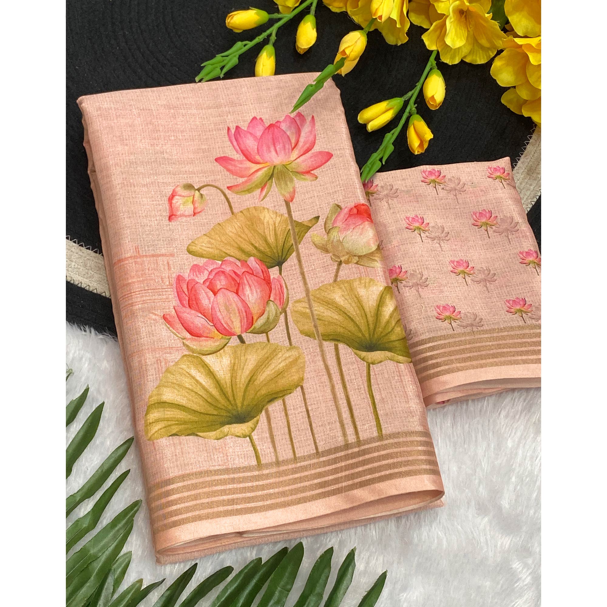 Peach Cotton Blend Tusser Saree Adorned With Radha Krishna & Floral Print With Zari Border