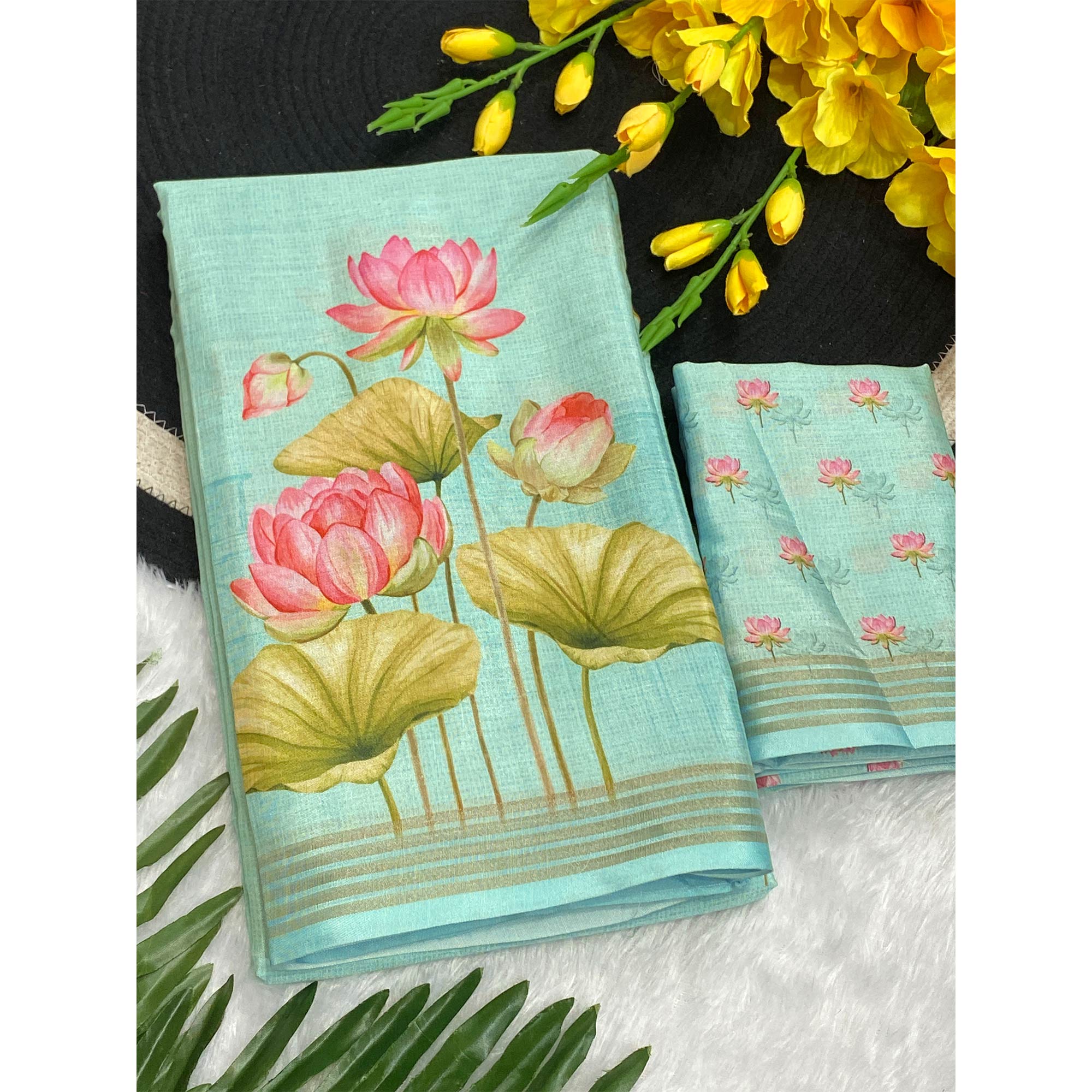 Turquoise Cotton Blend Tusser Saree Adorned With Radha Krishna & Floral Print With Zari Border