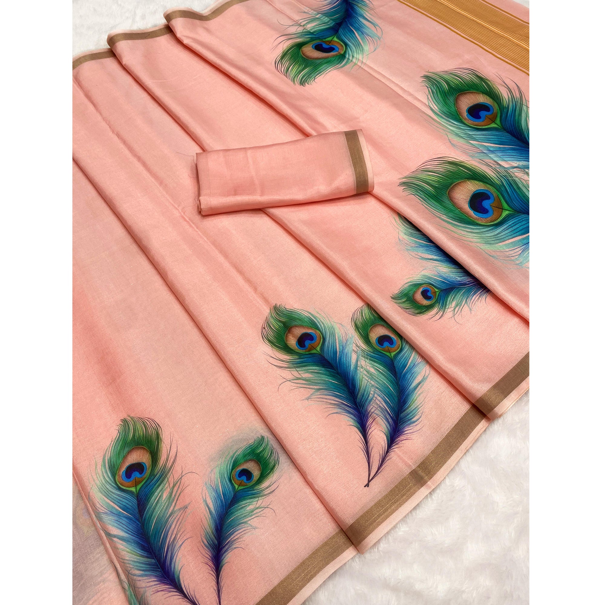 Charming Peach Soft Tussar Cotton Silk Saree With Peacock Feathers Print
