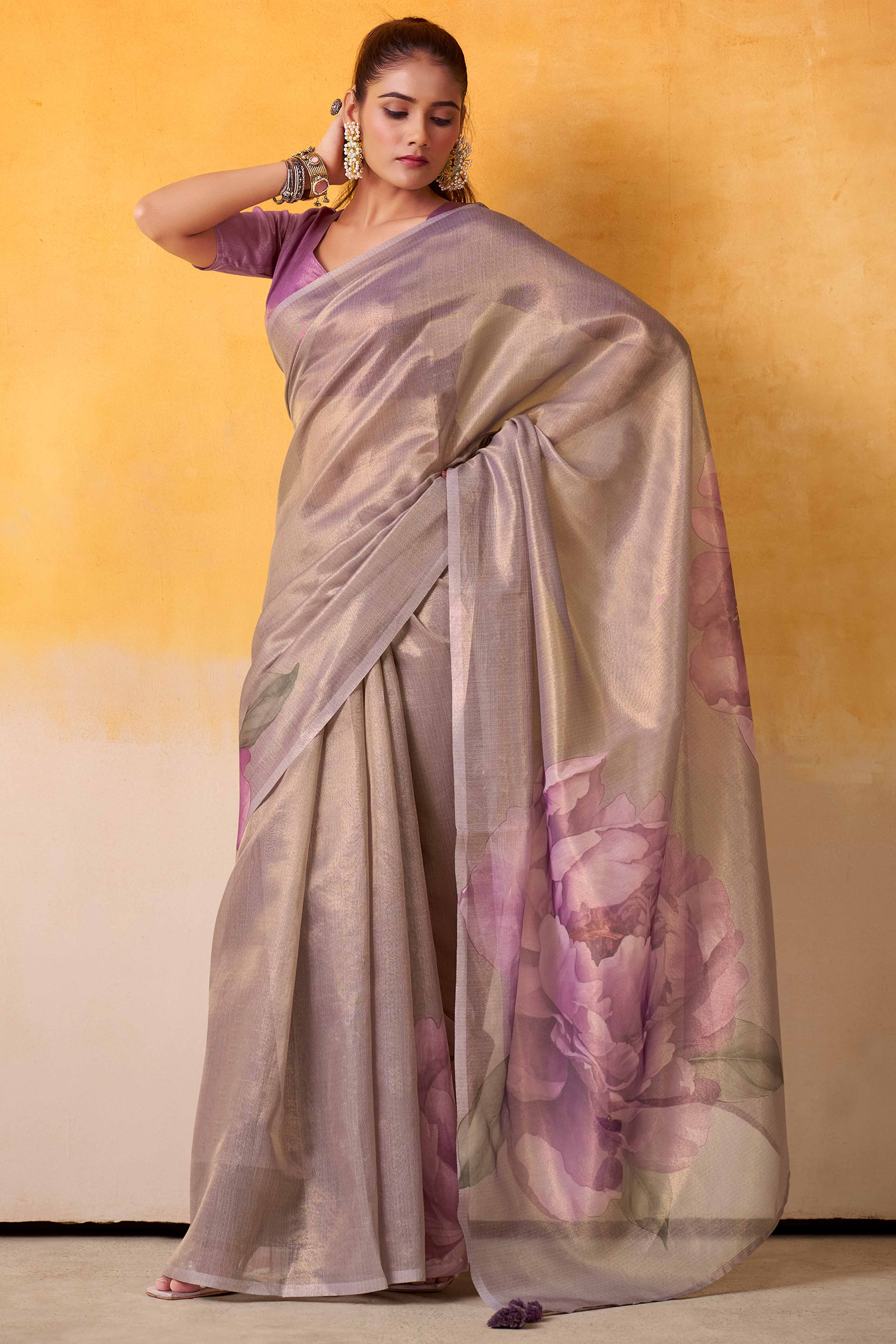 Sophisticated Light Lavender Floral Digital Print Tissue Saree Enhanced With Handmade Tassels
