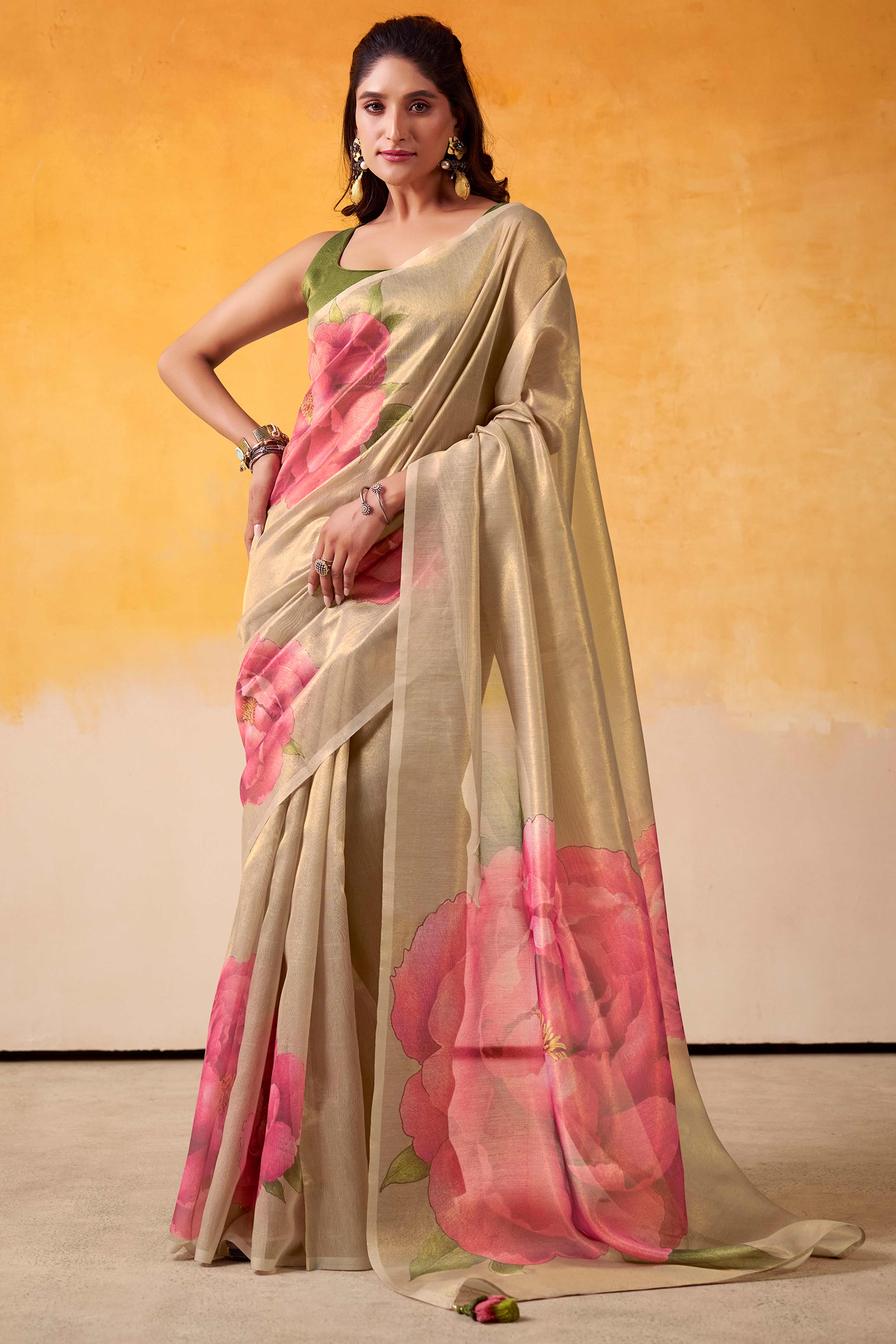 Sophisticated Golden Floral Digital Print Tissue Saree Enhanced With Handmade Tassels
