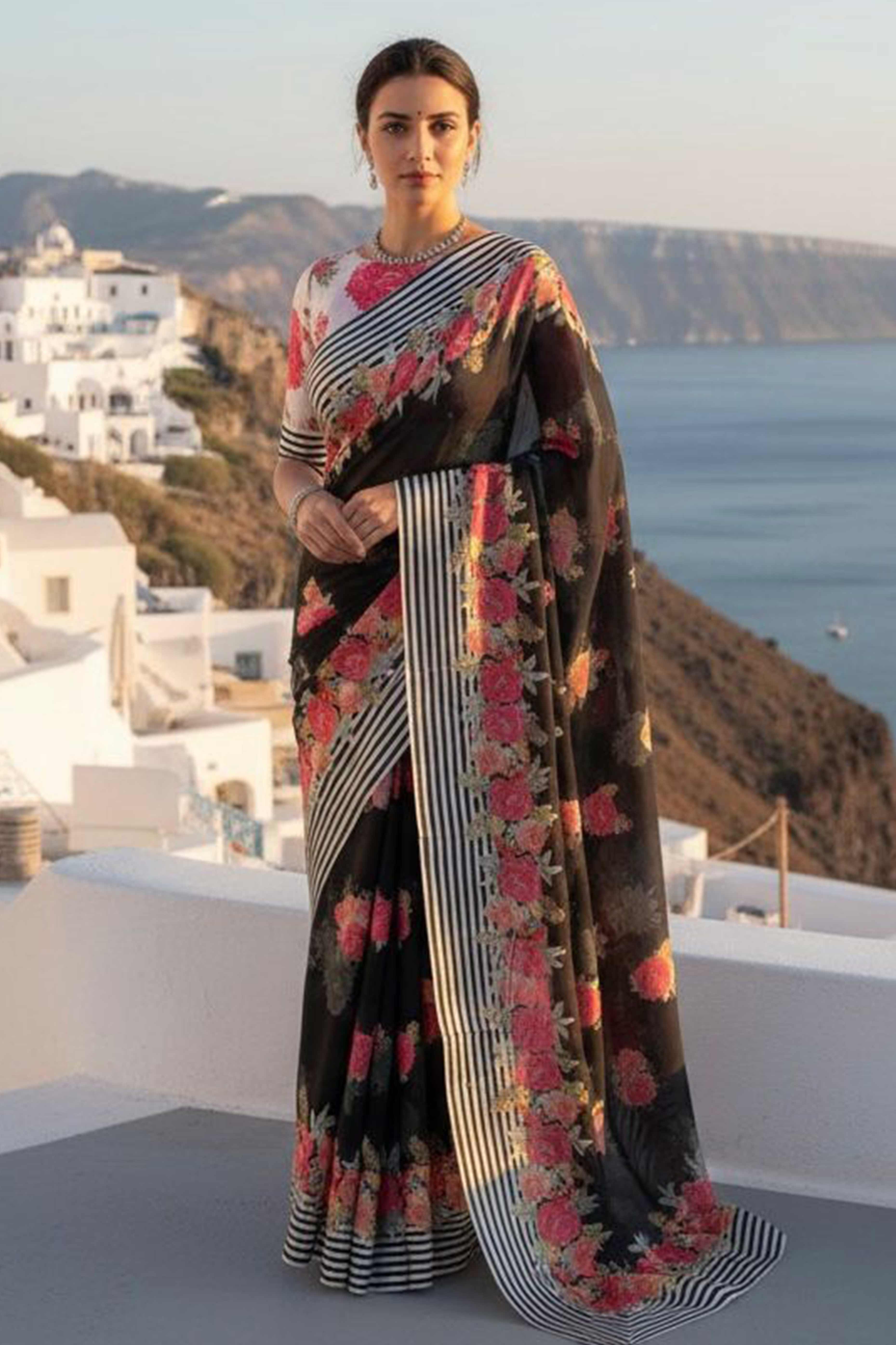 Vibrant Black Georgette Saree Adorned with Floral Digital Print & Satin Border
