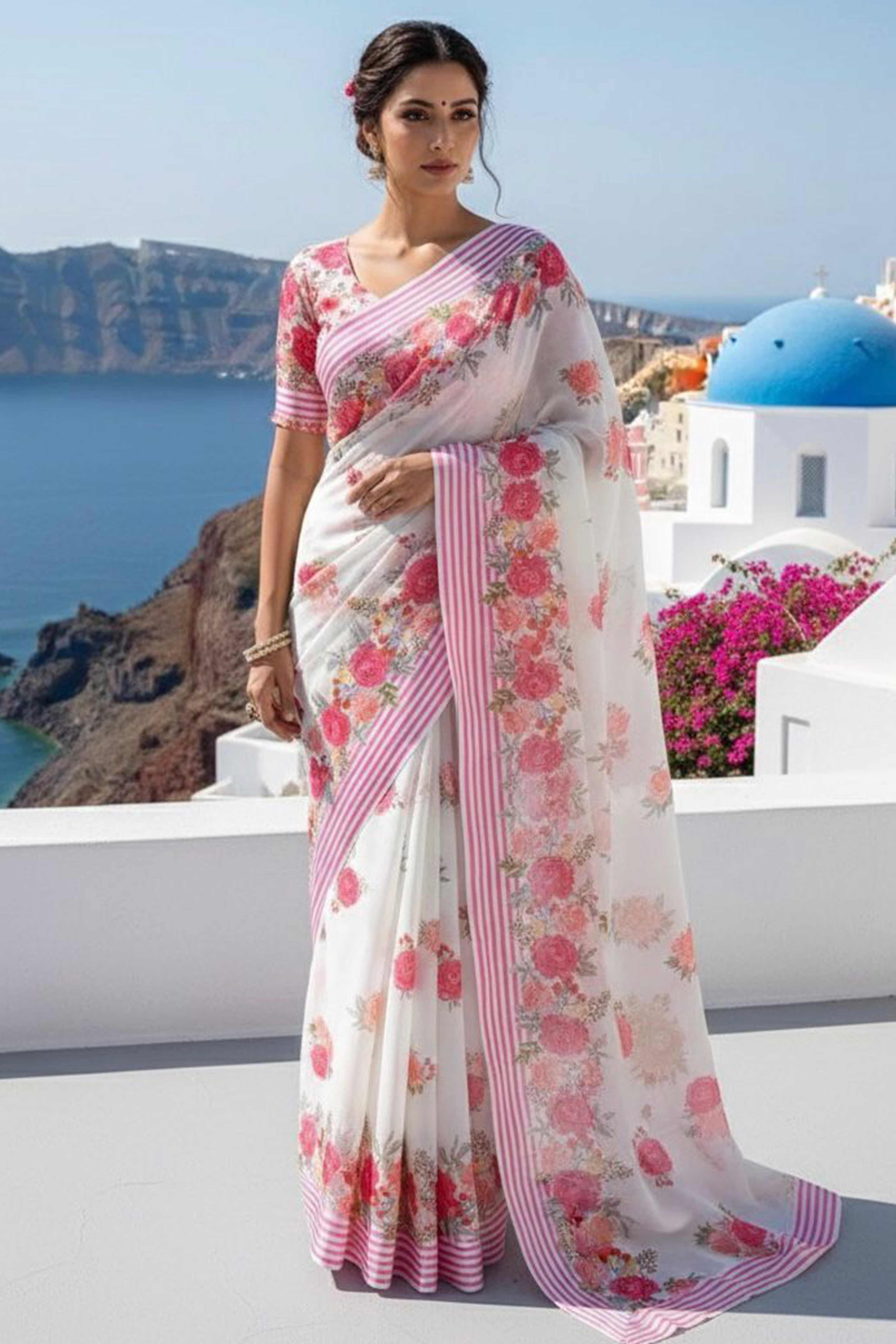Vibrant White Georgette Saree Adorned with Floral Digital Print & Satin Border