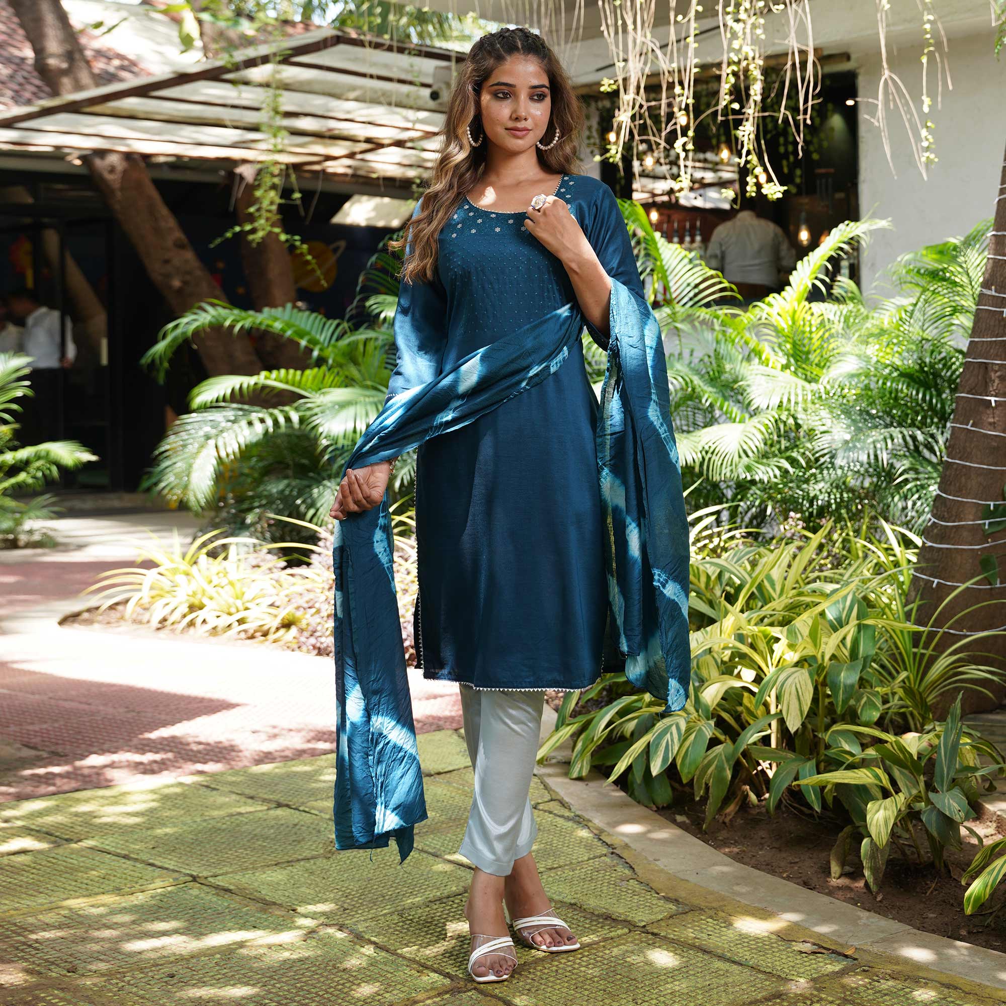 Blue Floral Embroidered Cotton Silk Salwar Suit