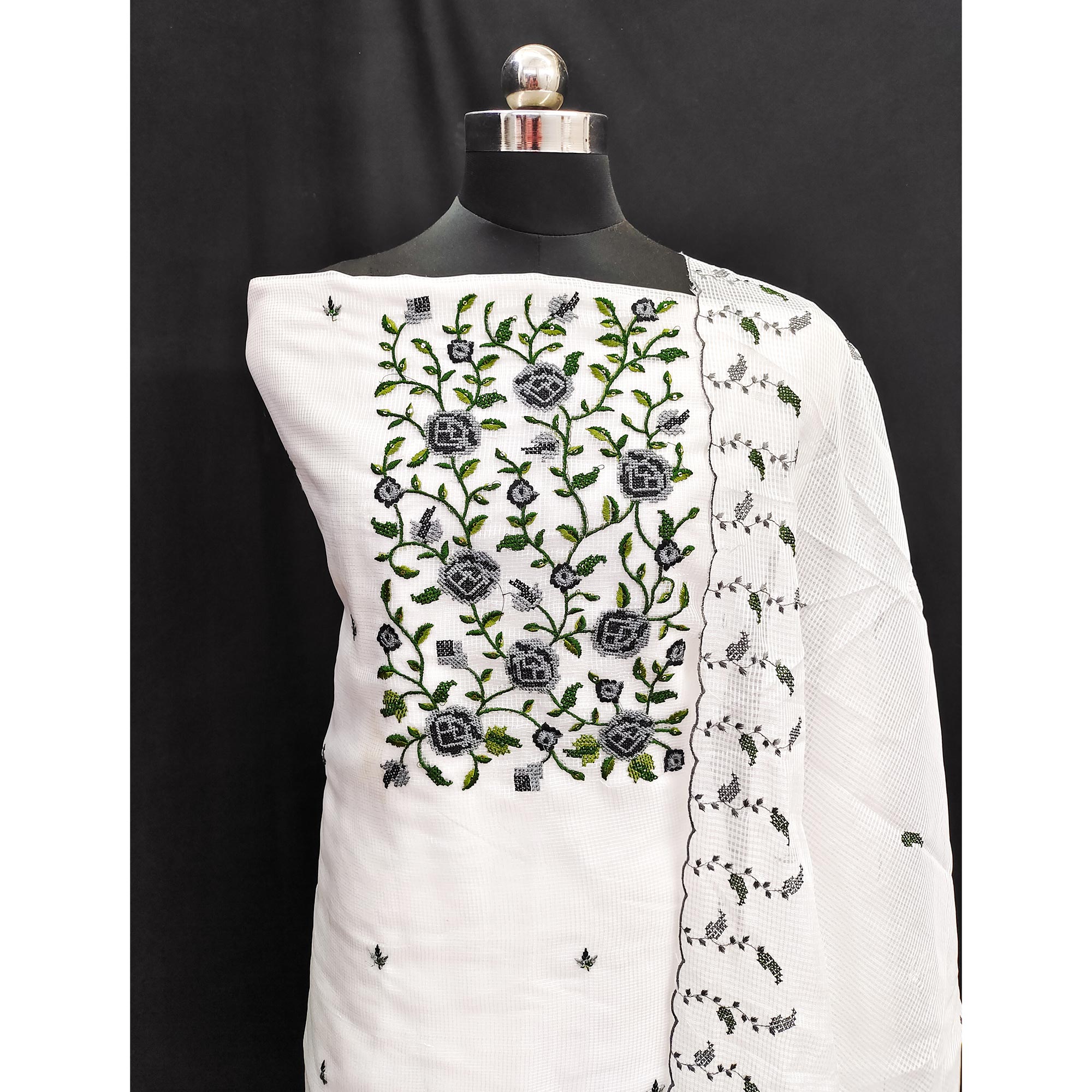 White Floral Sequins Embroidered Kota Doria Dress Material