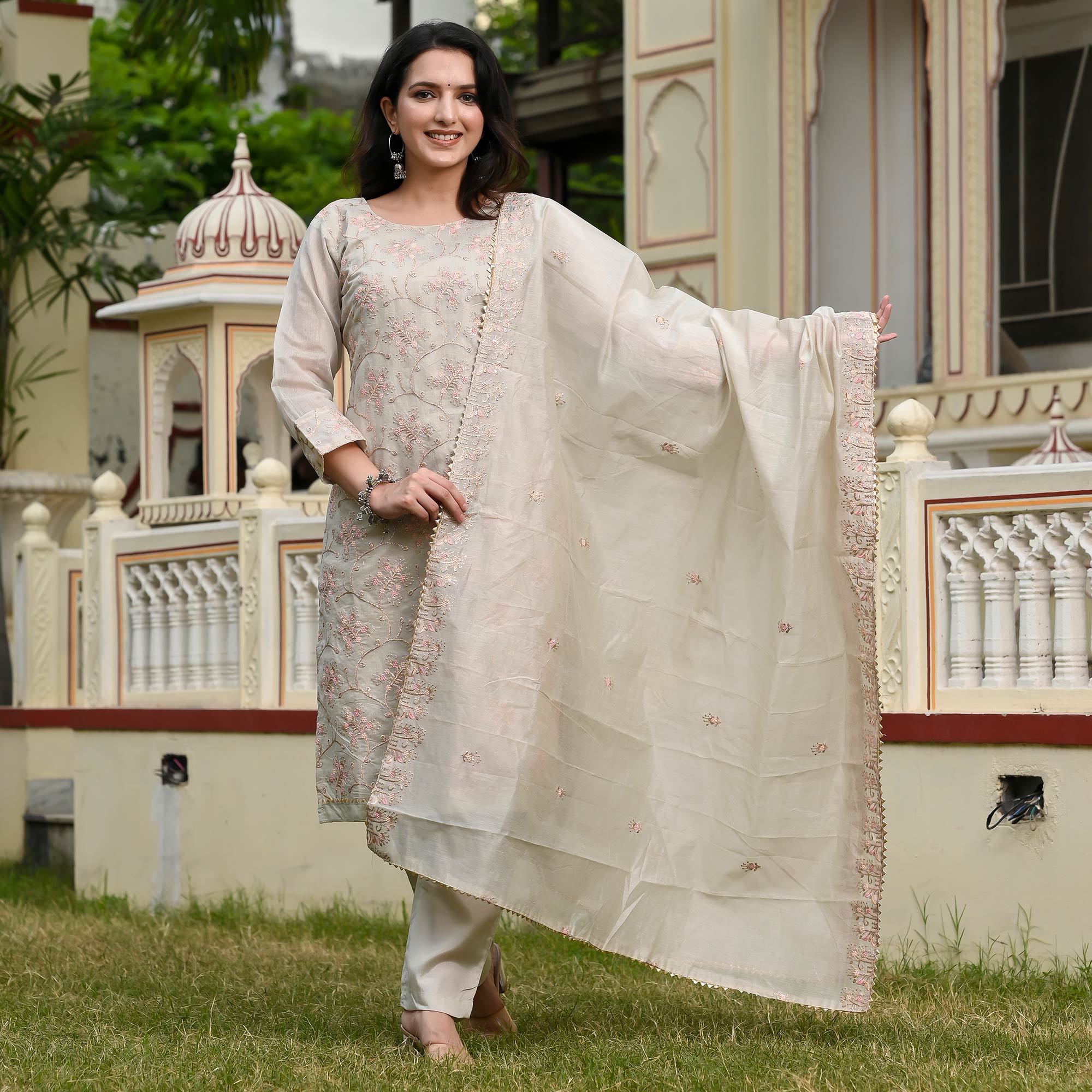 Grey Floral Embroidered Chanderi Salwar Suit