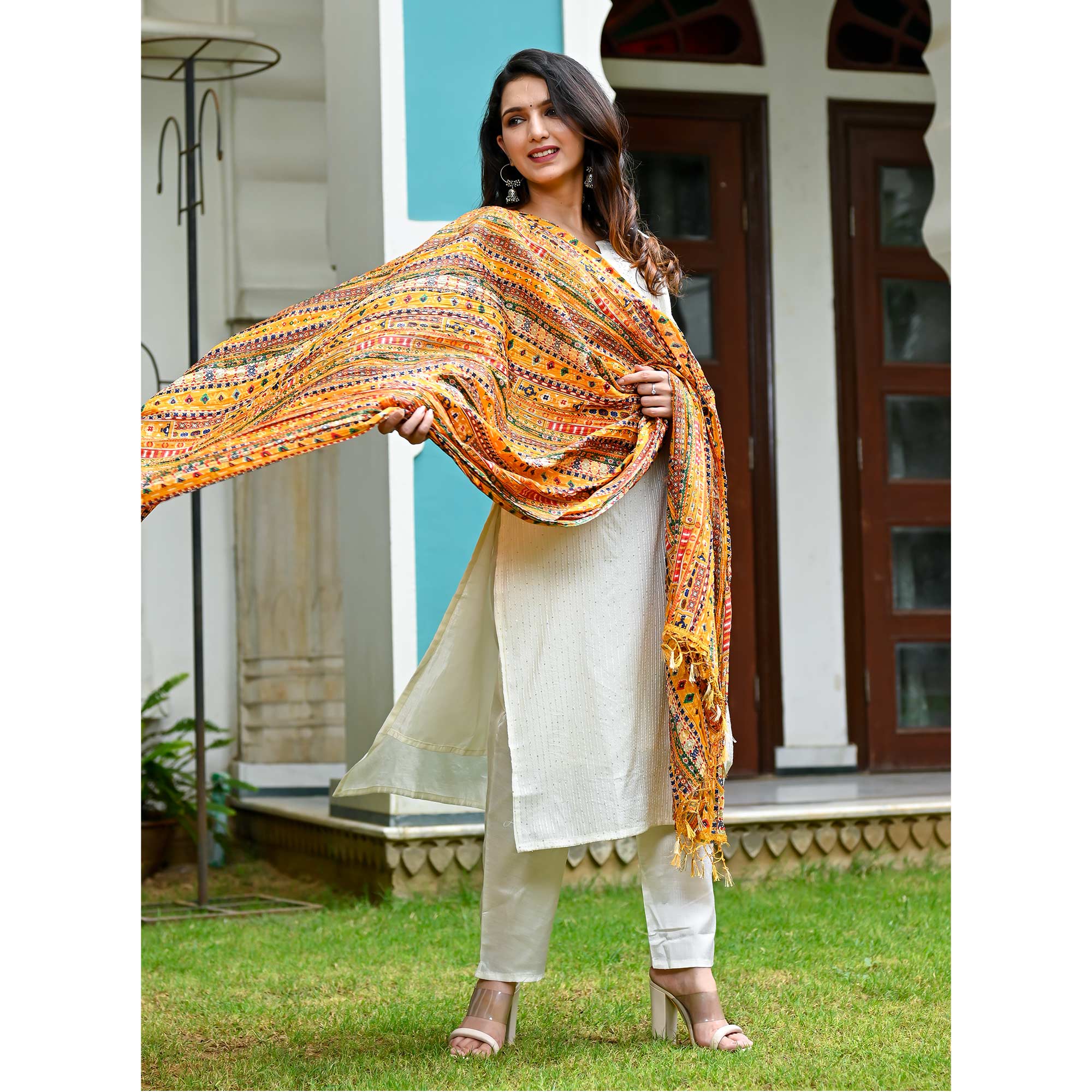 Off white Sequins Embroidered Chanderi Dress Material