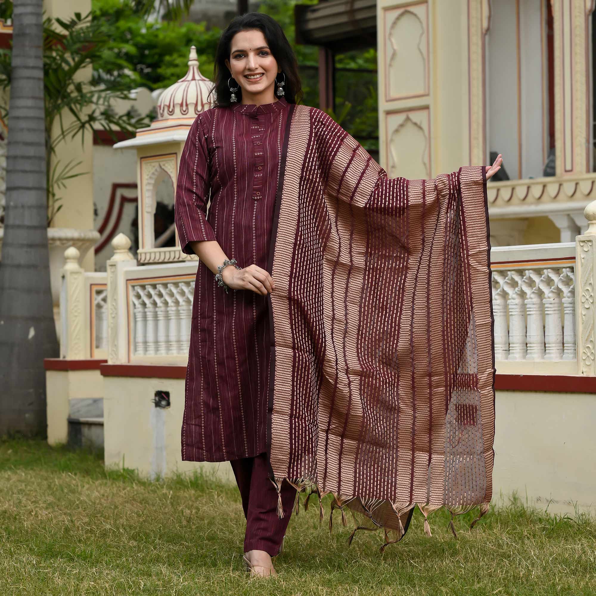 Wine Woven Cotton Blend Salwar Suit