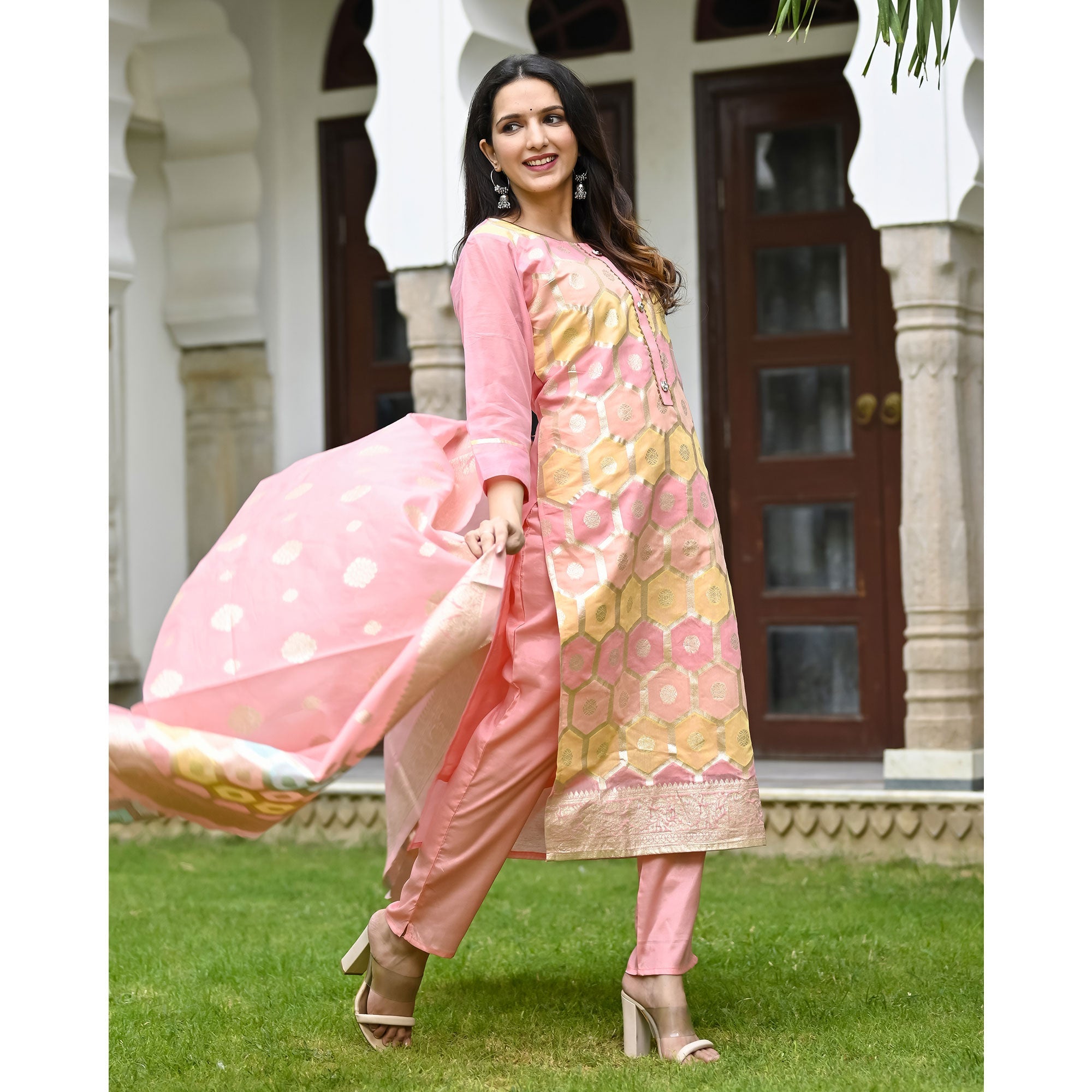 Pink Woven Banarasi Silk Salwar Suit