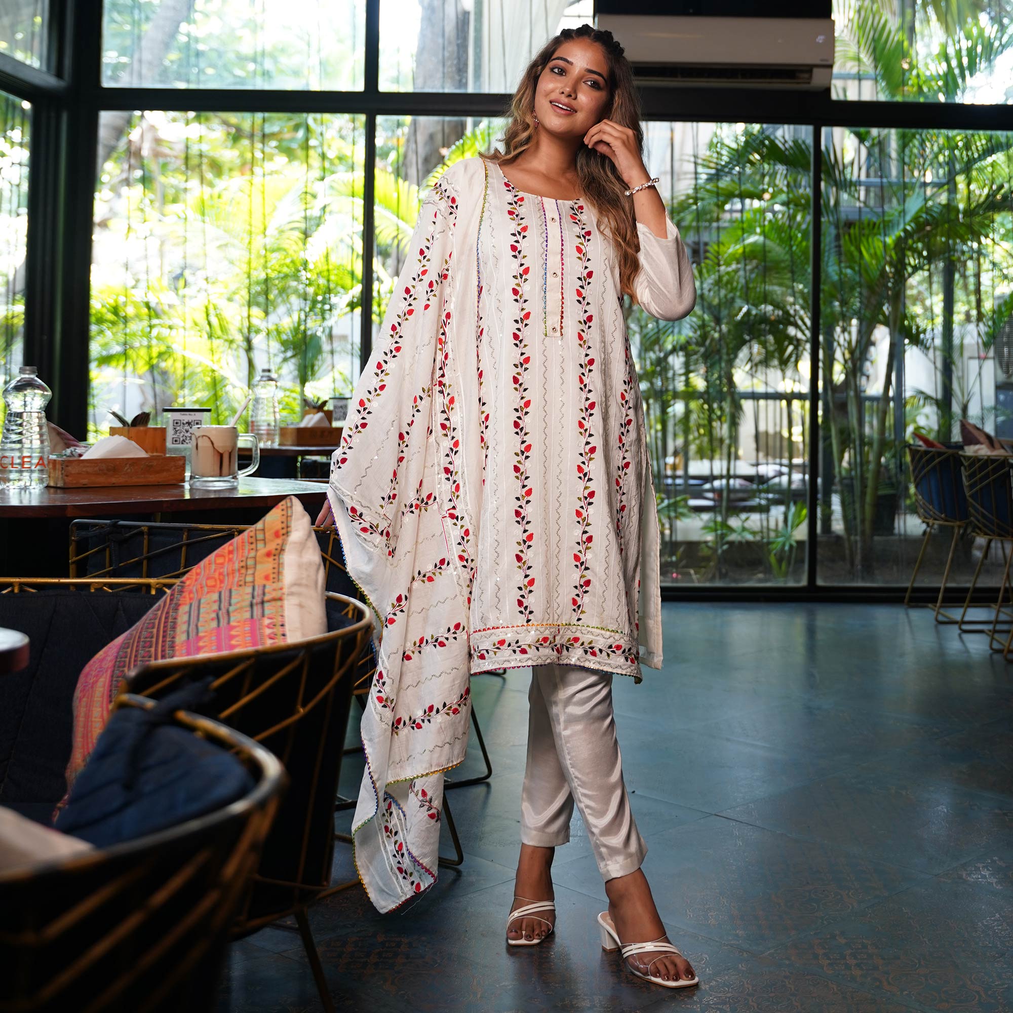 White Sequins Embroidered Chanderi Dress Material