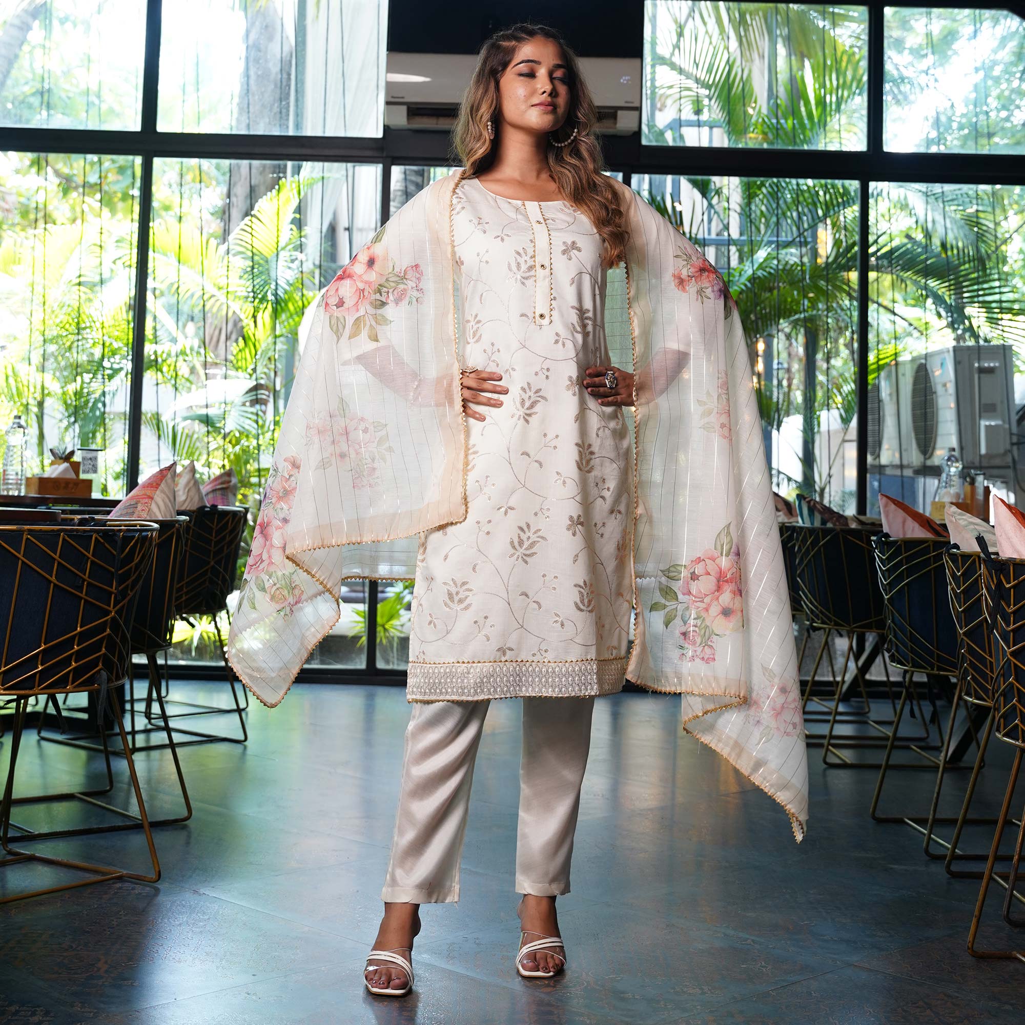 White Sequins Embroidered Chanderi Salwar Suit