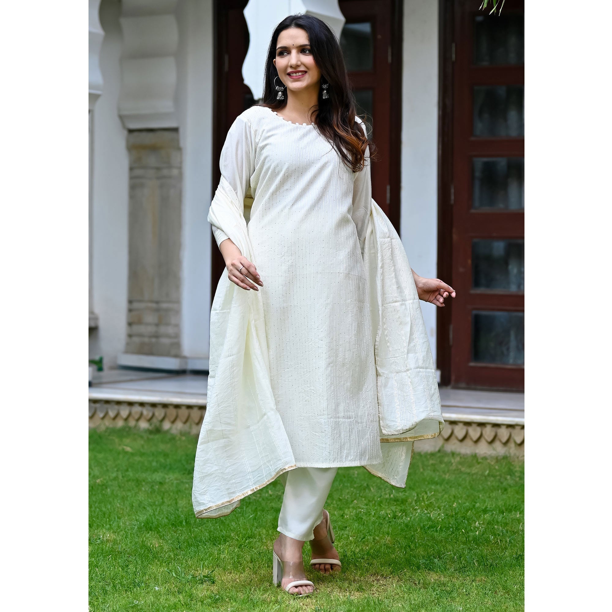 Off white Sequins Embroidered Cotton Salwar Suit