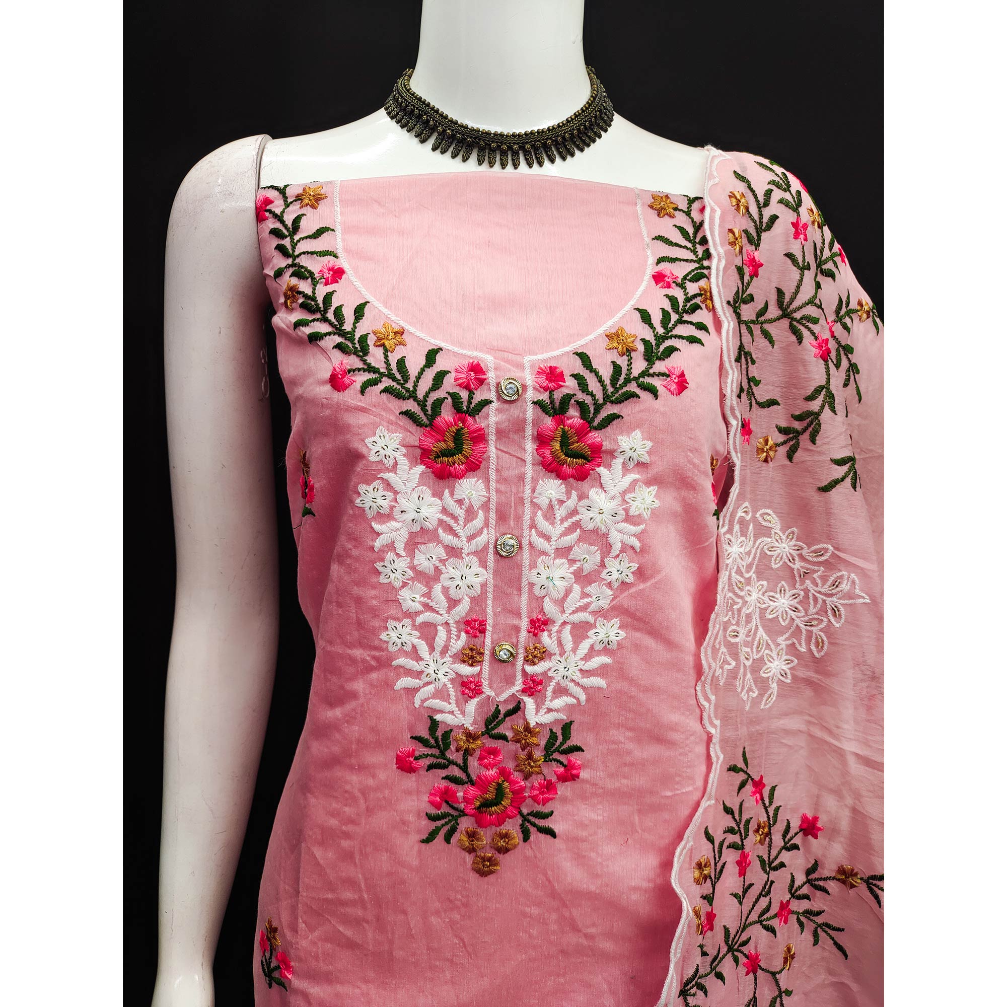 Peach Floral Embroidered Chanderi Dress Material