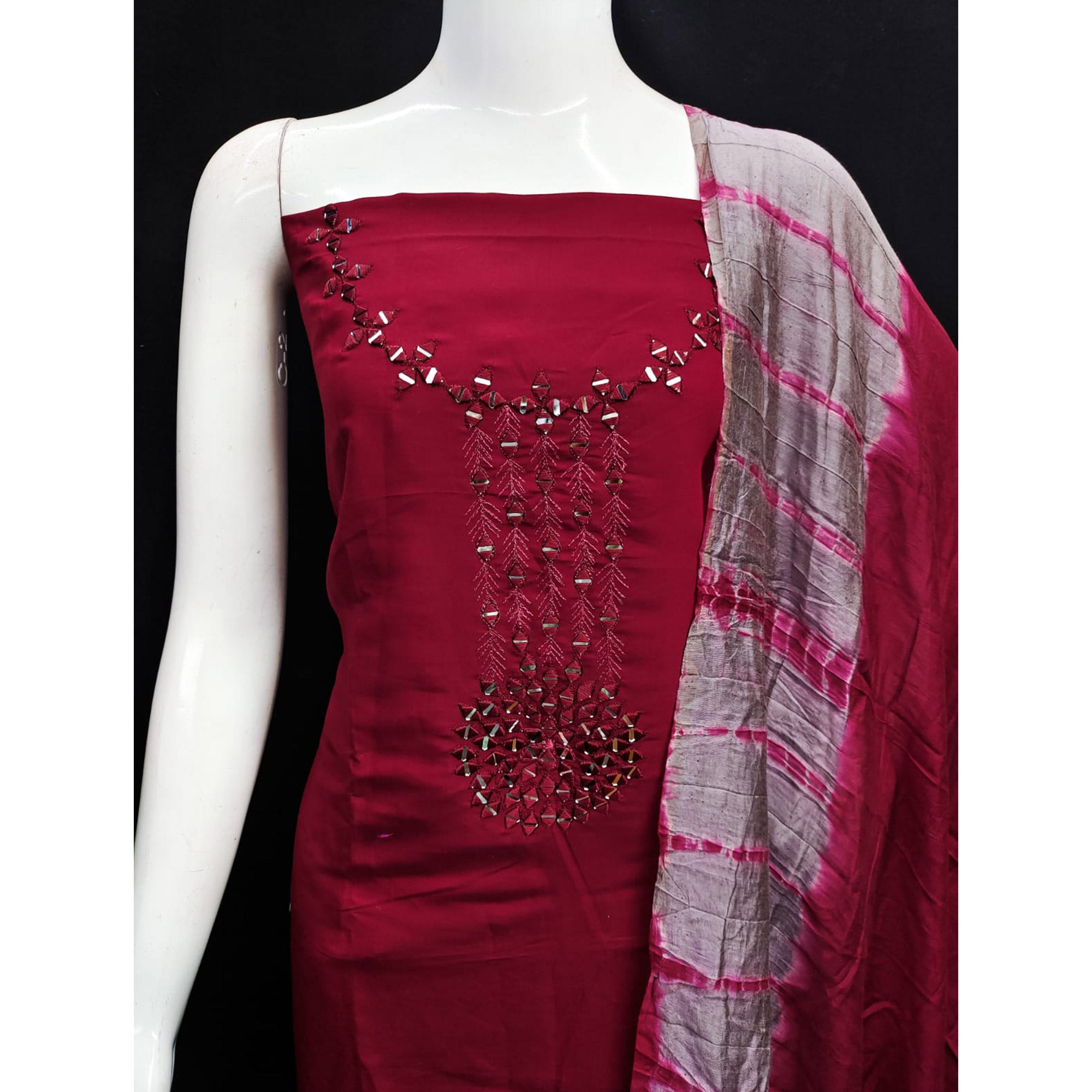 Maroon Embroidered Viscose Dress Material