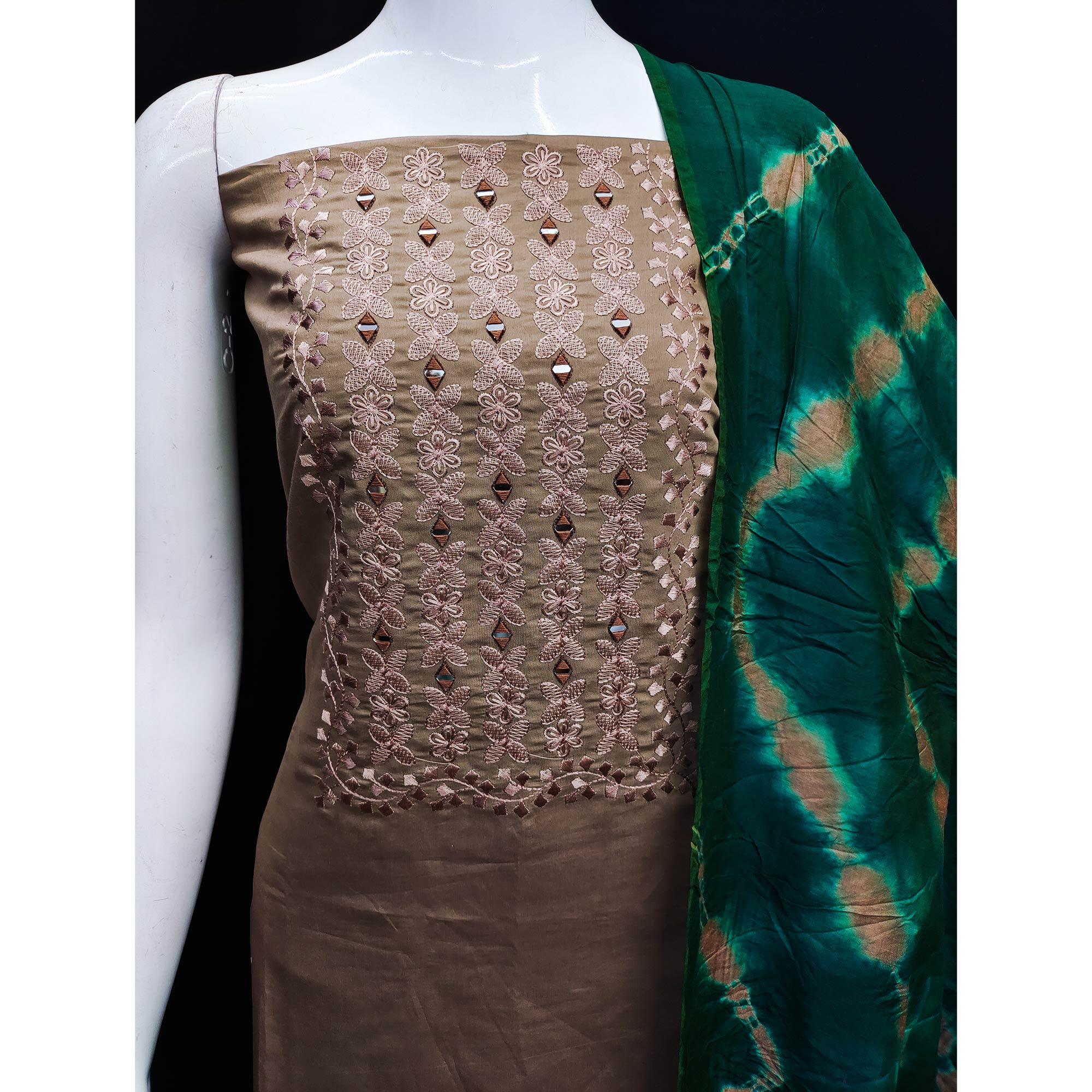 Brown Floral Embroidered Viscose Dress Material