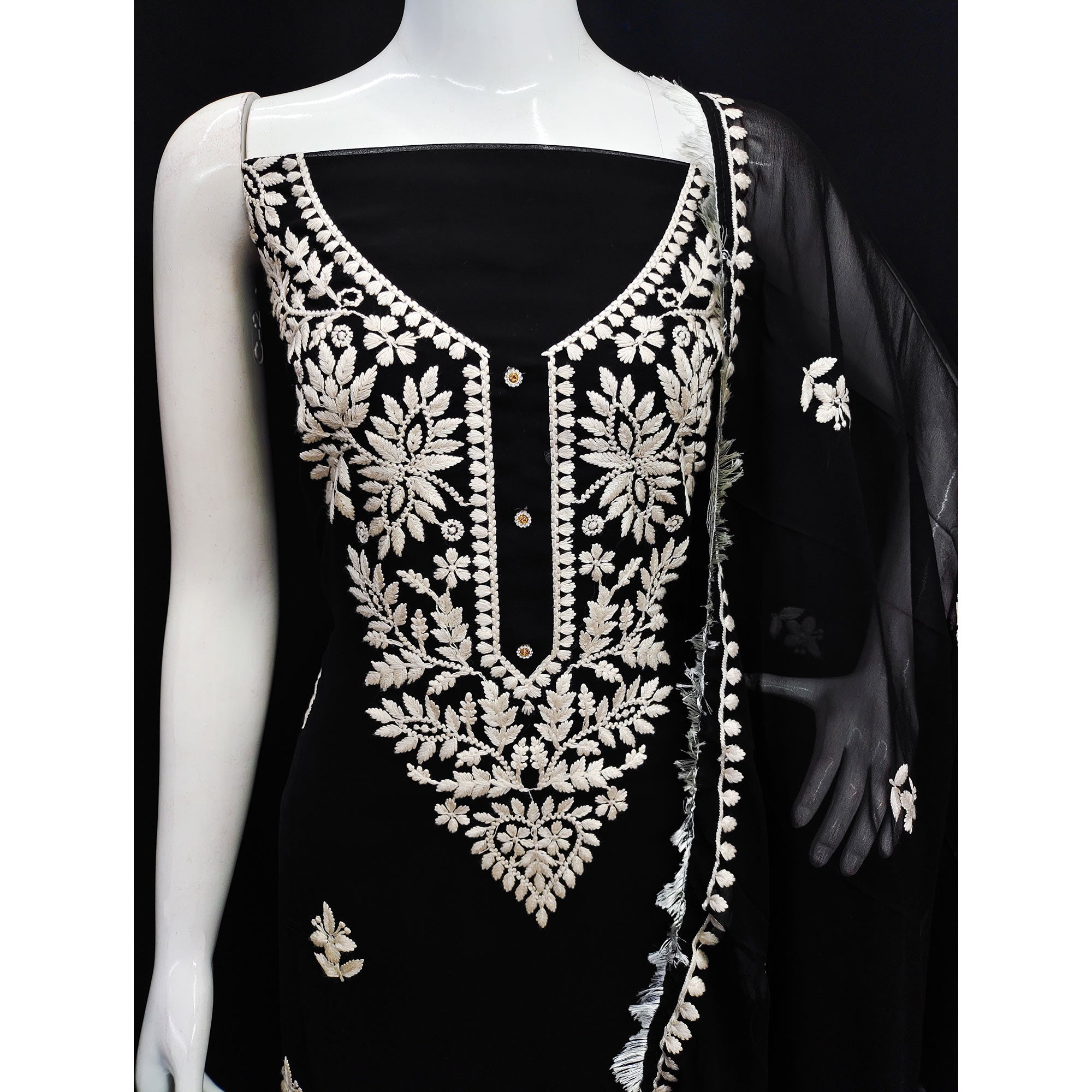 Black Floral Embroidered Georgette Dress Material