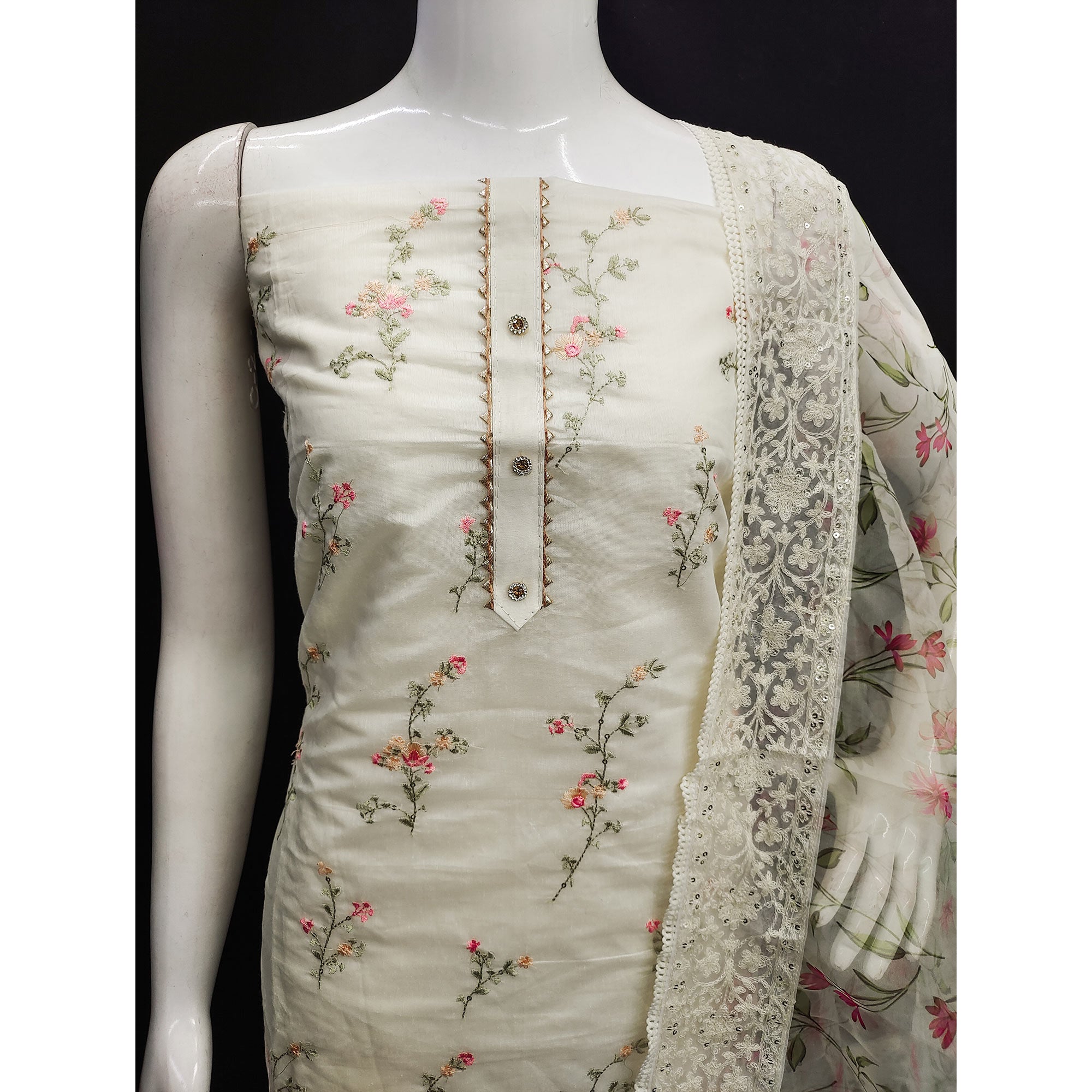 Off White Sequins Floral Embroidered Chanderi Dress Material