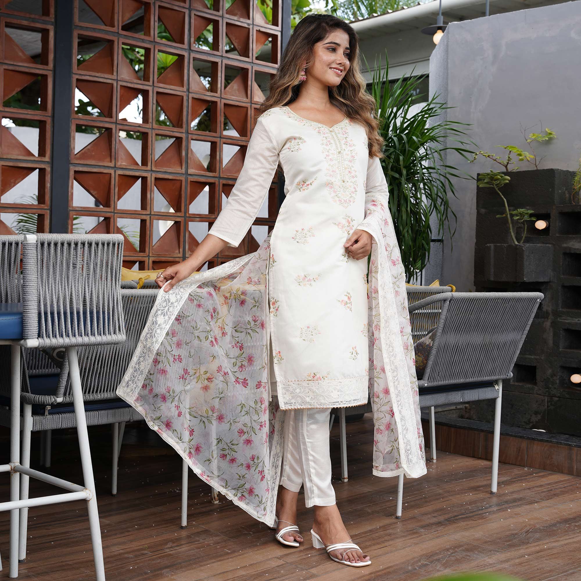 Off White Floral Embroidered Chanderi Dress Material