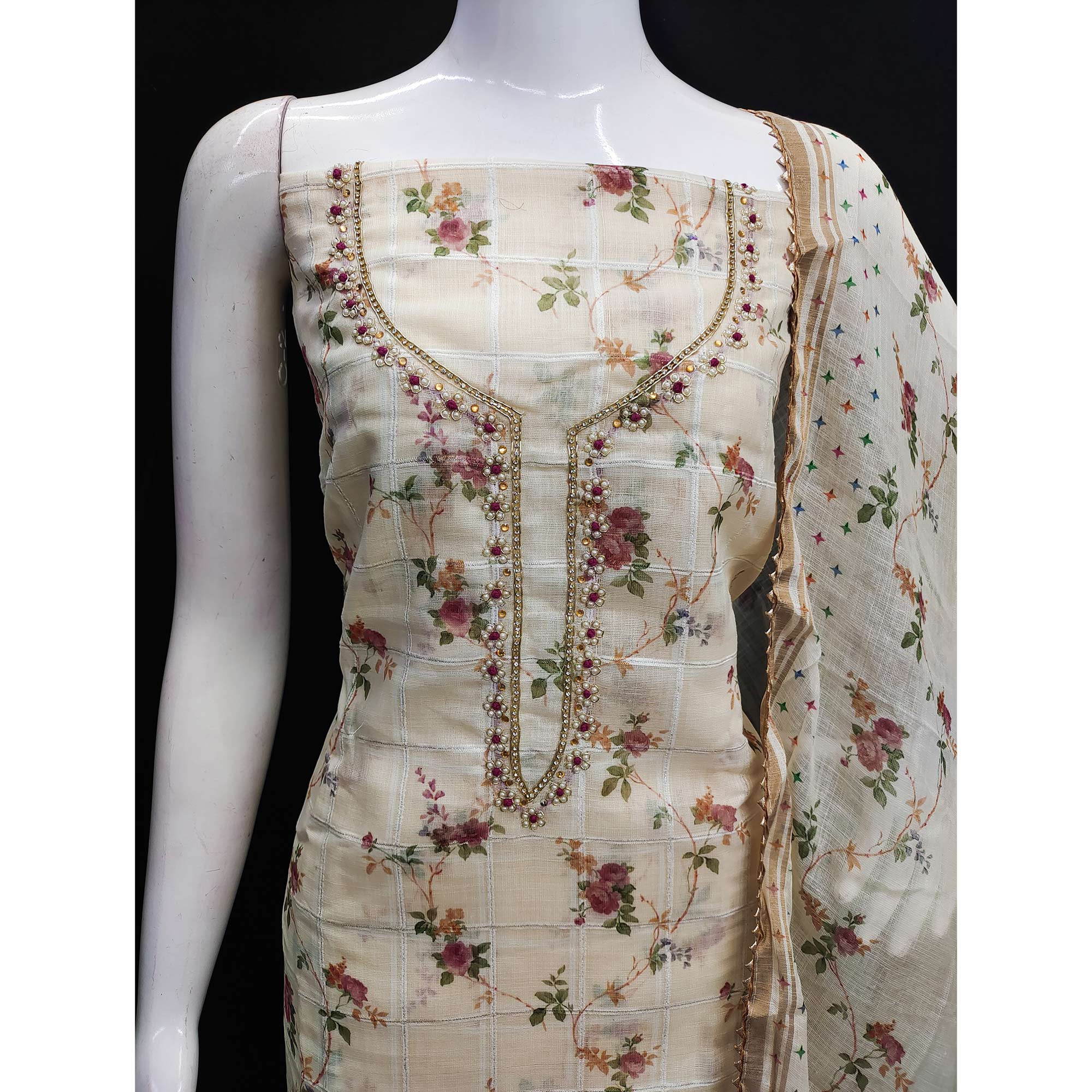 Cream Floral Printed Linen Dress Material