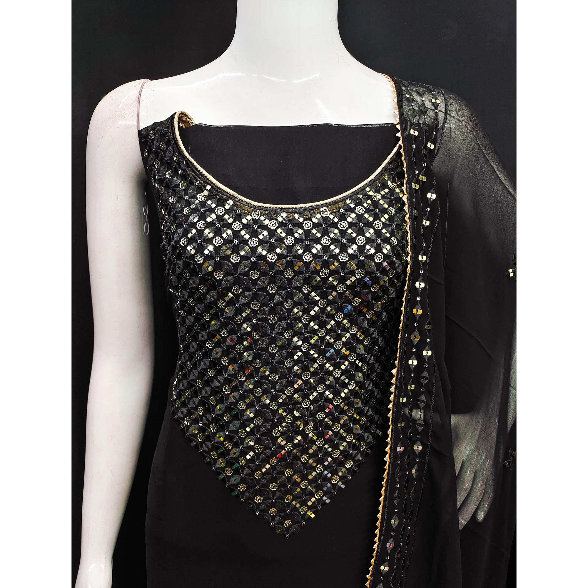 Black Sequins Embroidered Georgette Dress Material
