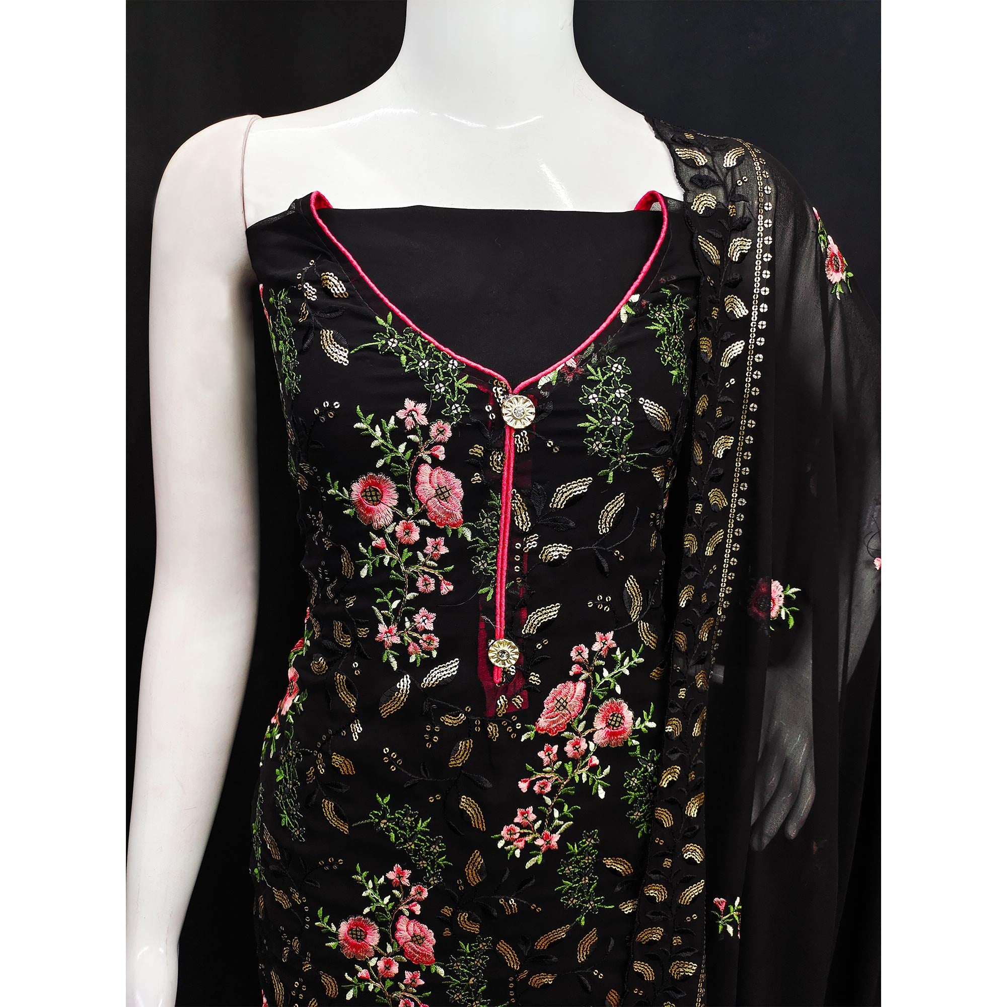 Black Sequins Embroidered Georgette Dress Material